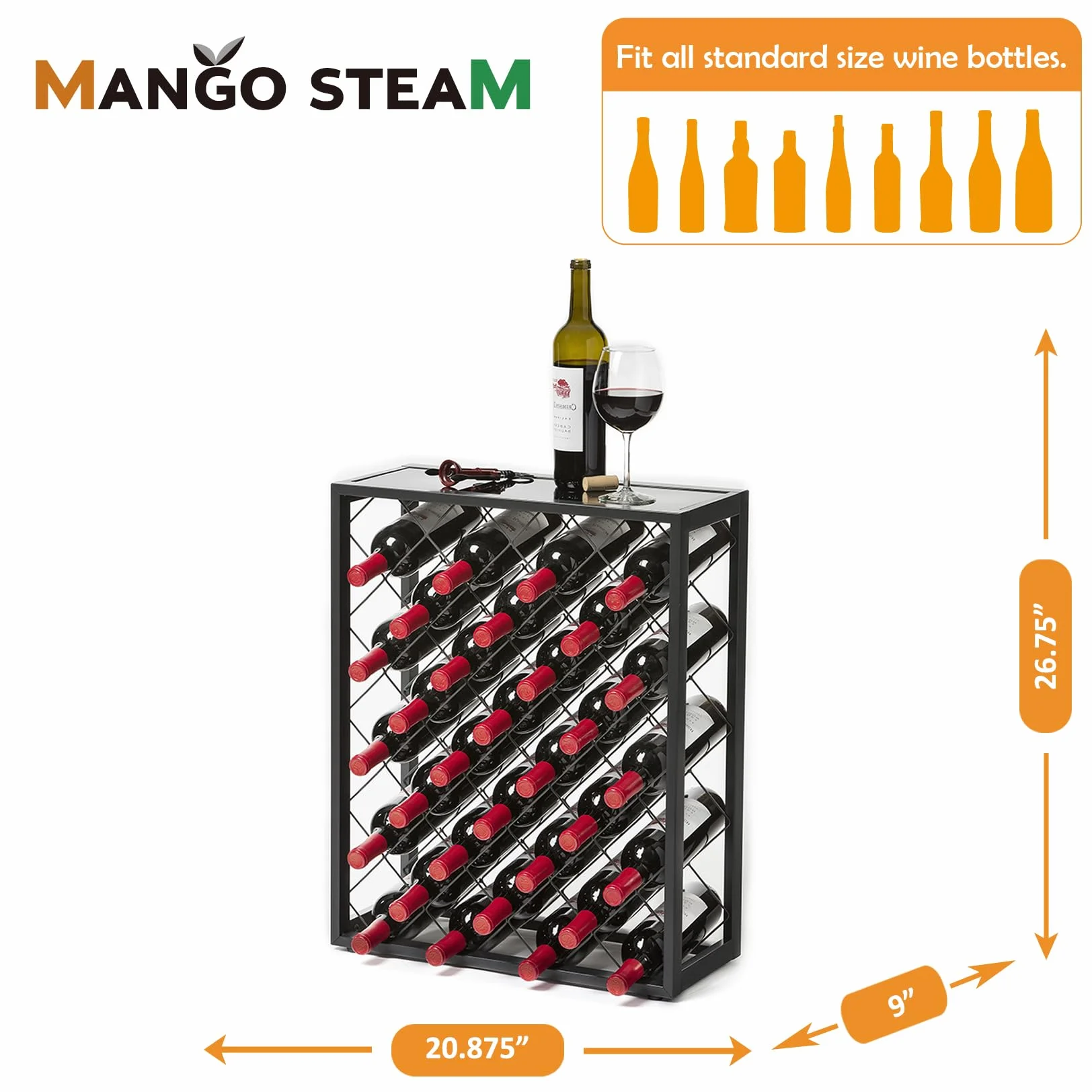 Mango Steam Stojak na 32 butelki wina w kolorze szarym z górną półką szklaną, wolnostojący do domu, kuchni i baru