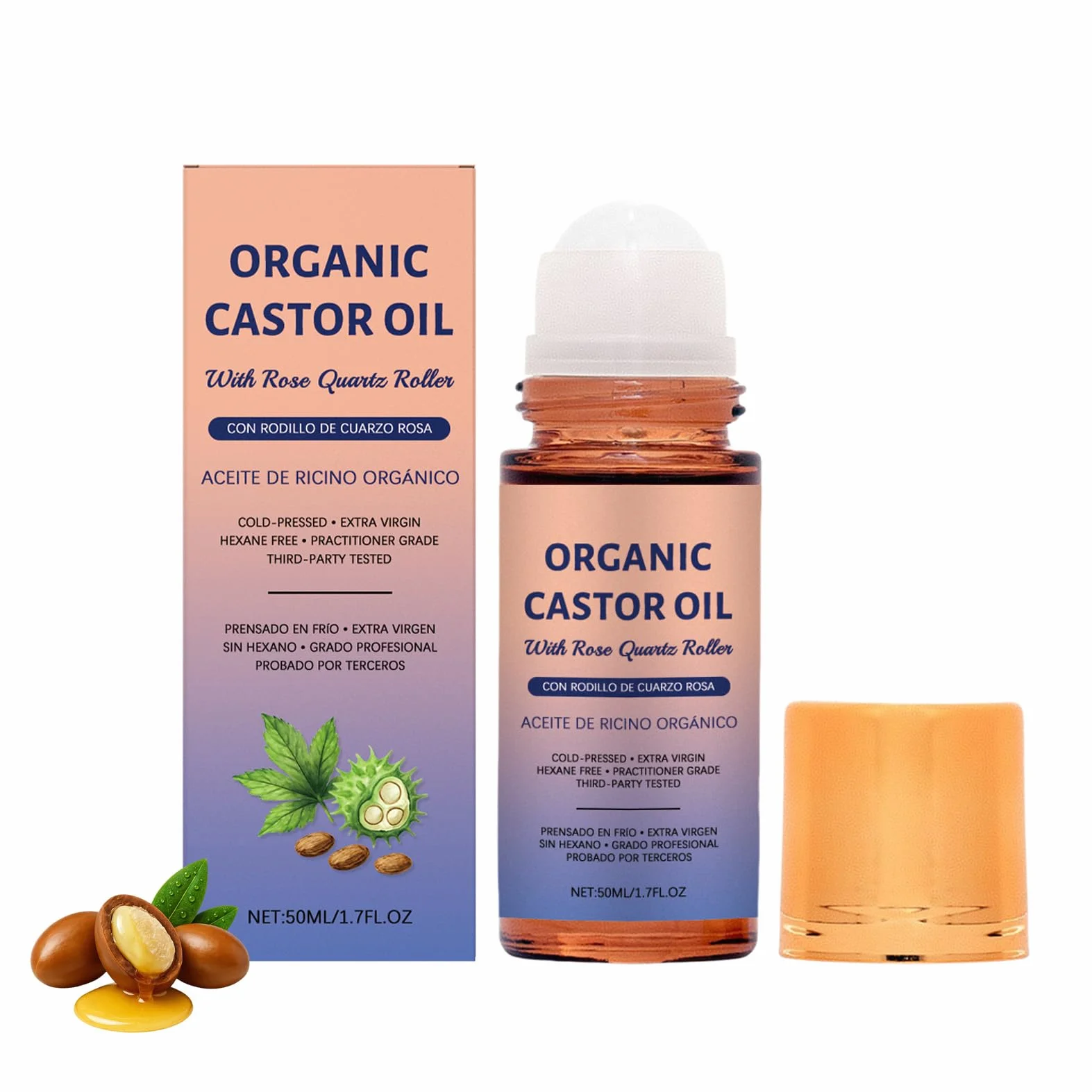 Olej rycynowy Bio z wałkiem z różowego kwarcu, roll-on Castor Oil, pielęgnuje skórę delikatnie, do brzucha, twarzy i ciała