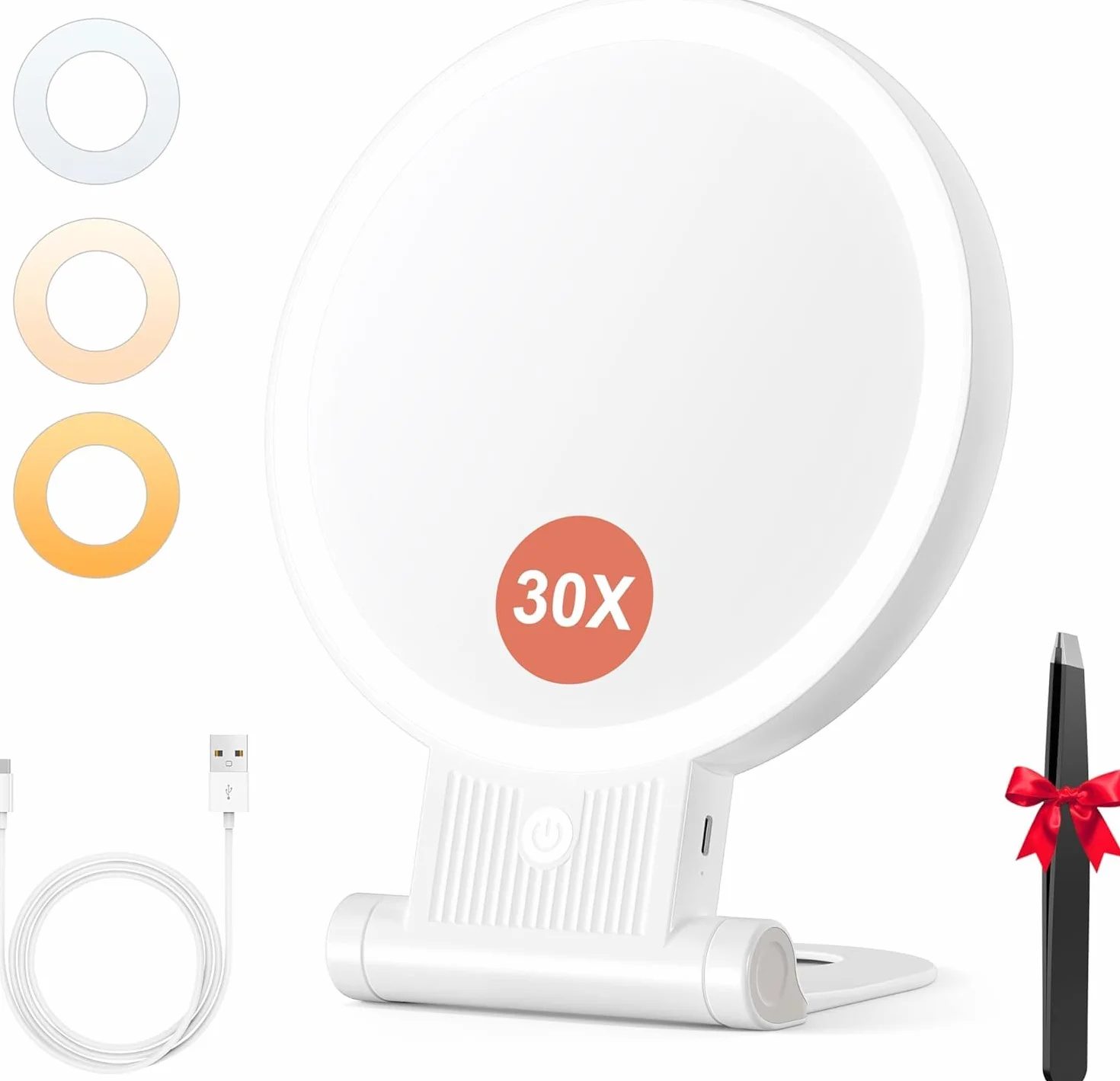 Auxmir Dwustronne lusterko powiększające 1X/30X ze światłem, 3-kolorowe diody LED, akumulator 2000 mAh do ładowania, składana konstrukcja podróżna z funkcją obrotu i precyzyjną pęsetą do urody i