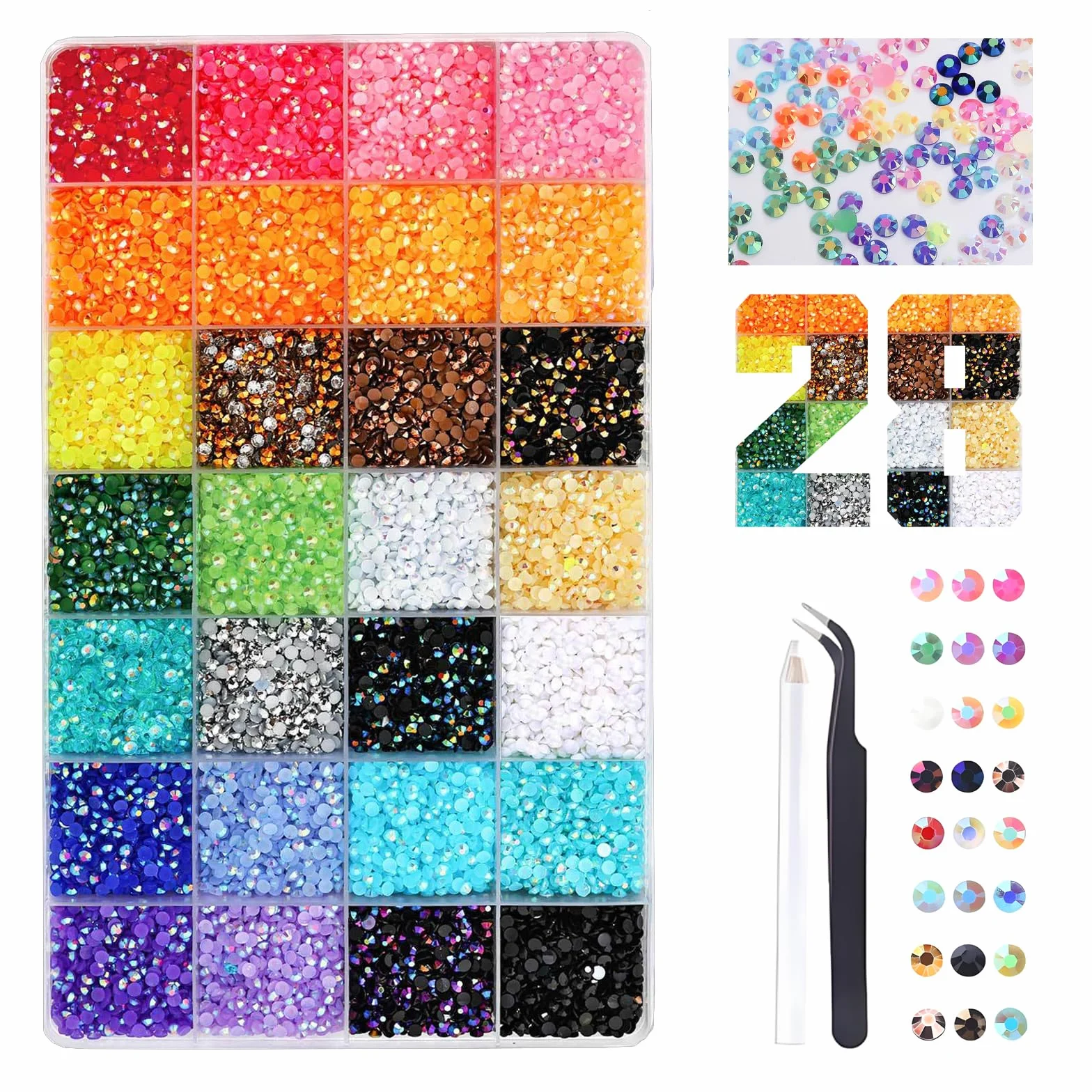 28000 szt. Diamenty do paznokci 3 mm, 28 Kolorów Rhinestones Flat Back, Bedazzling Kit do zdobienia paznokci i rzemiosła, kryształki do majsterkowania dekoracja paznokci ubrania (bez kleju)