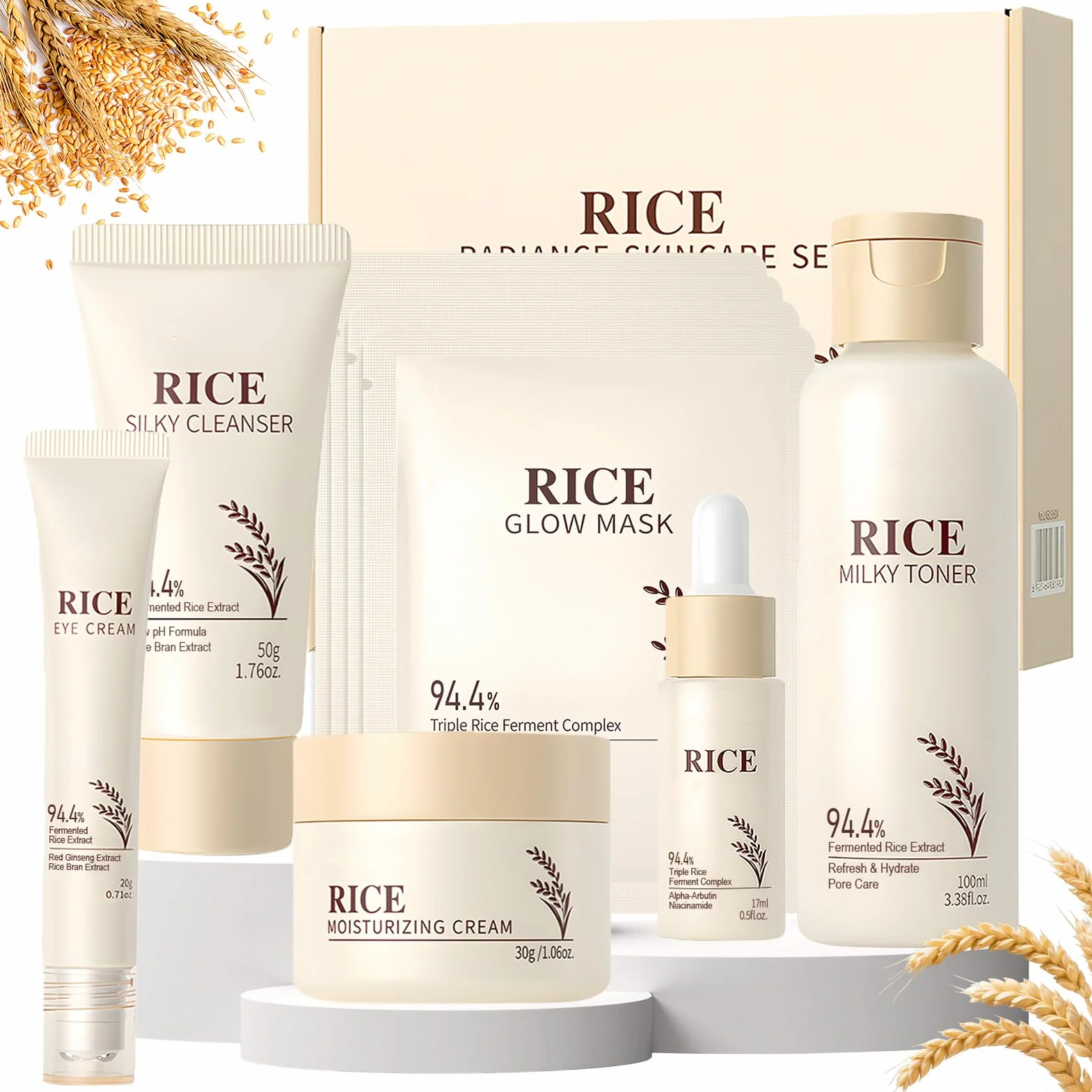 9 sztuk Rice Skincare Kit, Koreański zestaw do pielęgnacji skóry, Rice Pielęgnacja twarzy dla kobiet z środkiem do mycia twarzy, koreańskie maski, toner ryżu, kremy do twarzy dla kobiet, kontur oczu