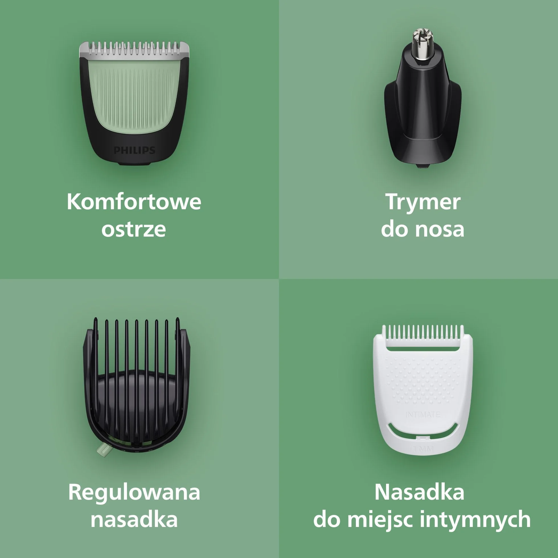 Philips Multigroom All-in-One z serii 3000: 9-elementowy trymer do twarzy, głowy i ciała, samoostrzące się, przyjazne dla skóry ostrza, 12 ustawień długości, model MG3946/15