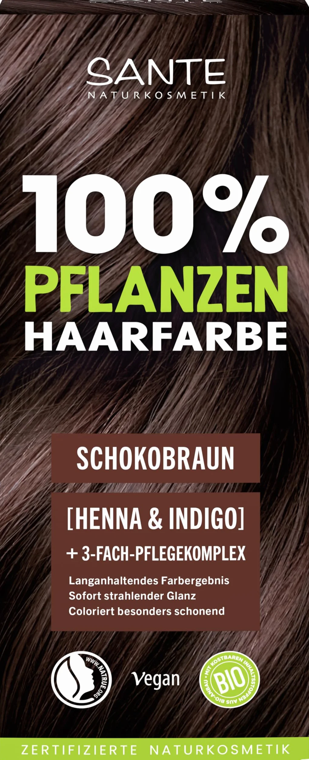 SANTE Naturkosmetik 100% roślinna farba do włosów w proszku 02 czekoladowy brąz, wegańska koloryzacja włosów z ekologiczną henną i indygo, długotrwały brąz, naturalne pokrycie szarości i połysk, z