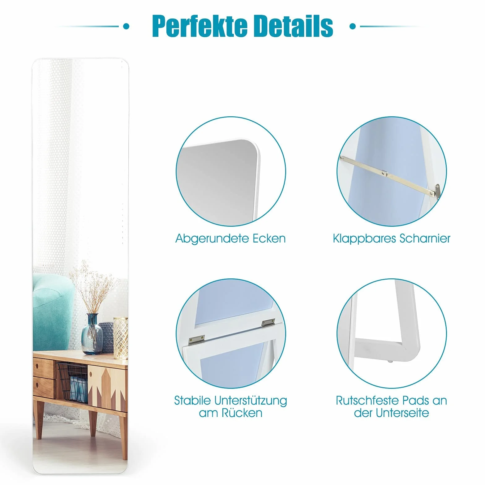 GOPLUS 2 w 1 Lustro Obejmujące Całą Sylwetkę, Duże Lustro Stojące 155 cm × 37 cm z Ramą z Litego Drewna & Haczykami, HD Lustro Ścienne z Ochroną Przed Rozbiciem, Lustro Stojące do Drzwi, Salonu
