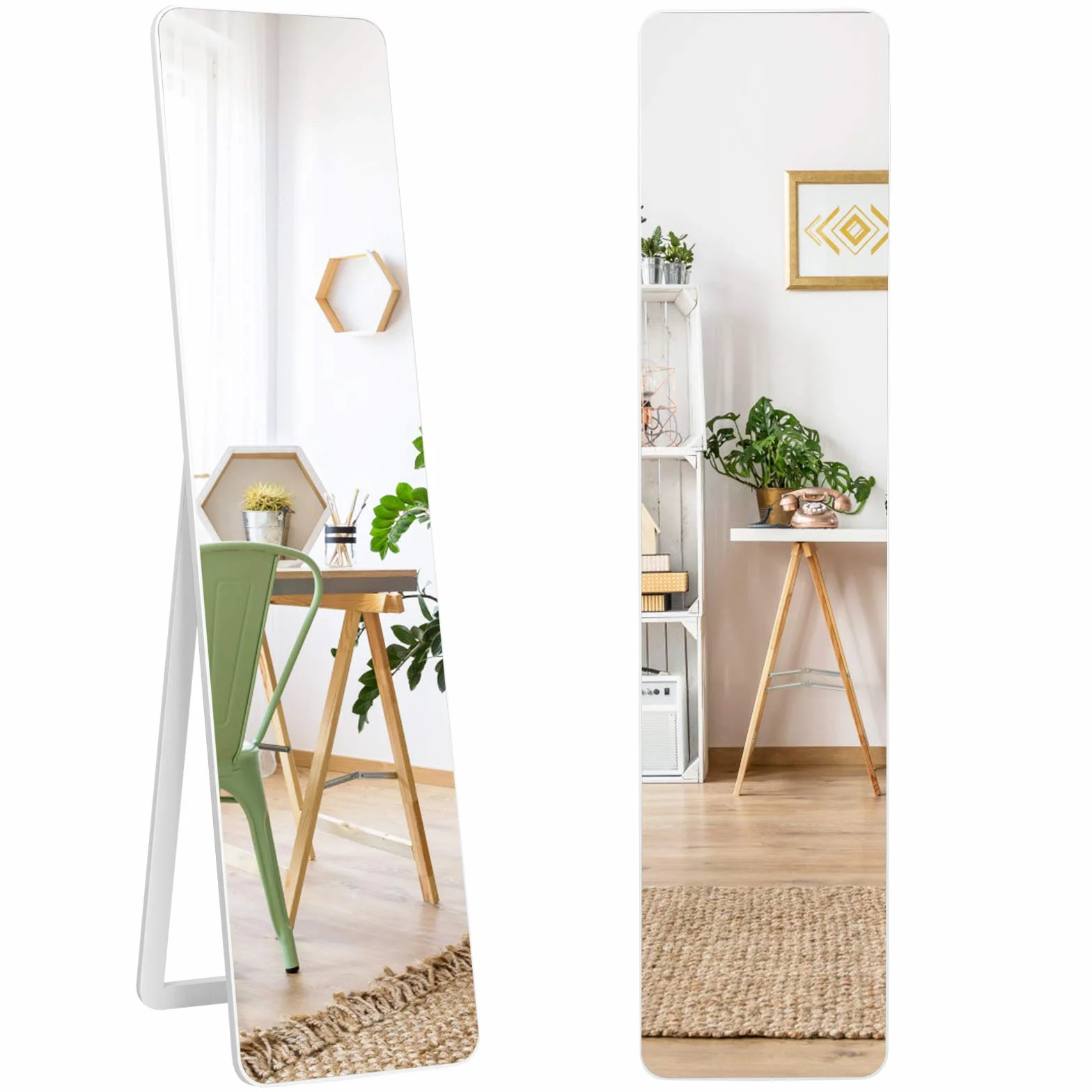 GOPLUS 2 w 1 Lustro Obejmujące Całą Sylwetkę, Duże Lustro Stojące 155 cm × 37 cm z Ramą z Litego Drewna & Haczykami, HD Lustro Ścienne z Ochroną Przed Rozbiciem, Lustro Stojące do Drzwi, Salonu