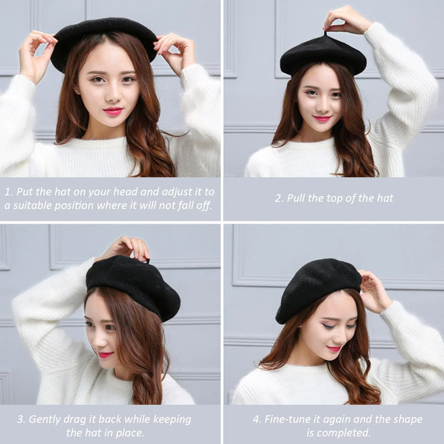 1 x francuski beret z 1 jedwabnym szalikiem, czapka beanie dla kobiet, czapka zimowa retro, miękka i lekka, modna biżuteria, nadaje się na spotkania z przyjaciółmi, dekoracja na imprezę (czarna),