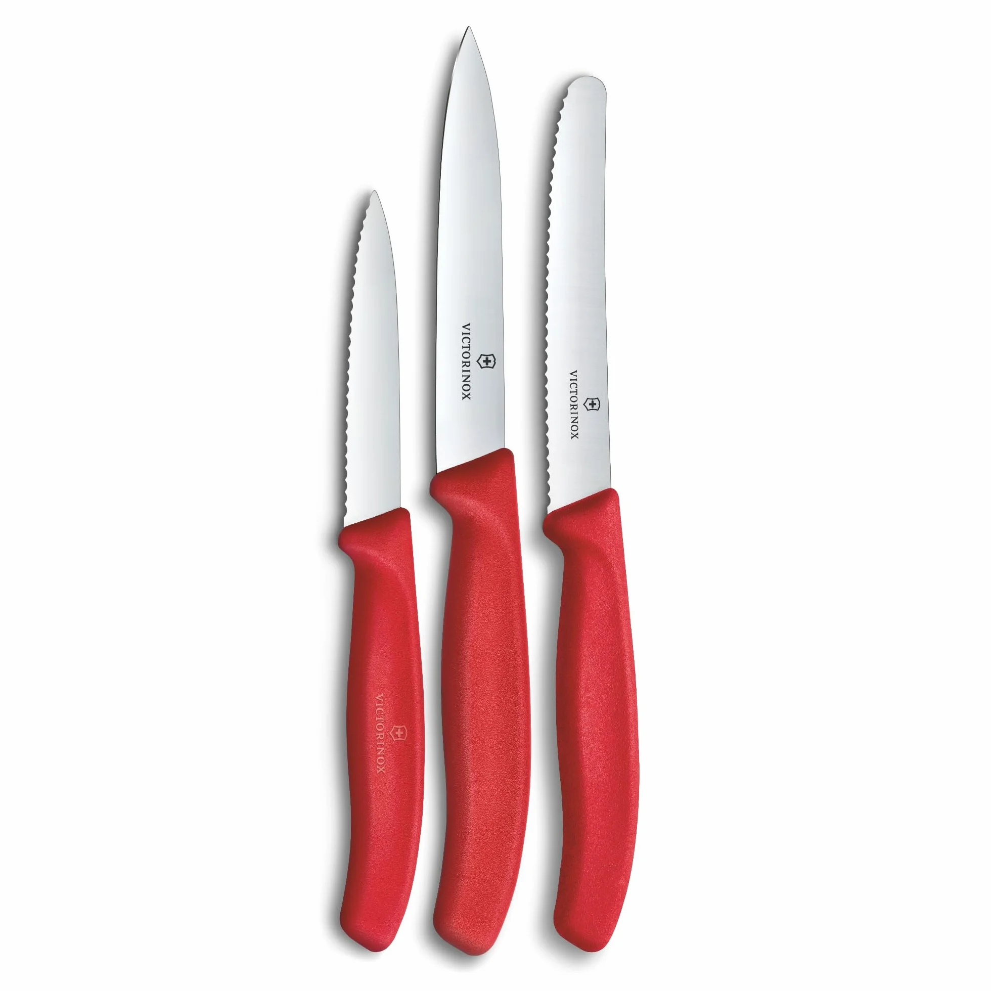 Victorinox Swiss Classic 3-częściowy zestaw noży kuchennych do obierania, nóż do pomidorów i nóż do musli, wytrzymały uchwyt z tworzywa sztucznego, stal nierdzewna, czerwony