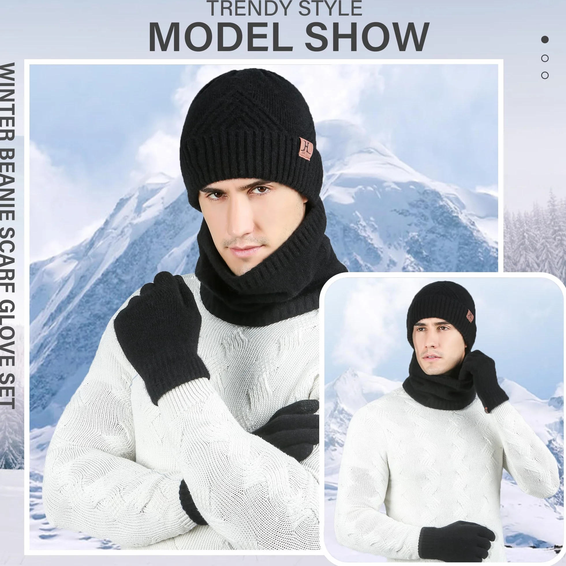 Bequemer Laden Męska zimowa ciepła czapka beanie, szal i ekran dotykowy, zestaw rękawiczek z polarem, czapka zimowa, komin, rękawiczki zimowe, Z czarny., jeden rozmiar