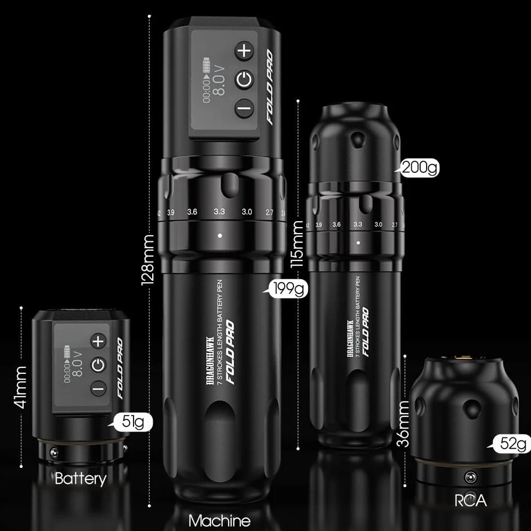 Dragonhawk Fold Pro Wireless Tattoo Machine Pen with 7 Strokes Length 2.4-4.2mm, 1500mAh Battery for Professional Tattoo Artists