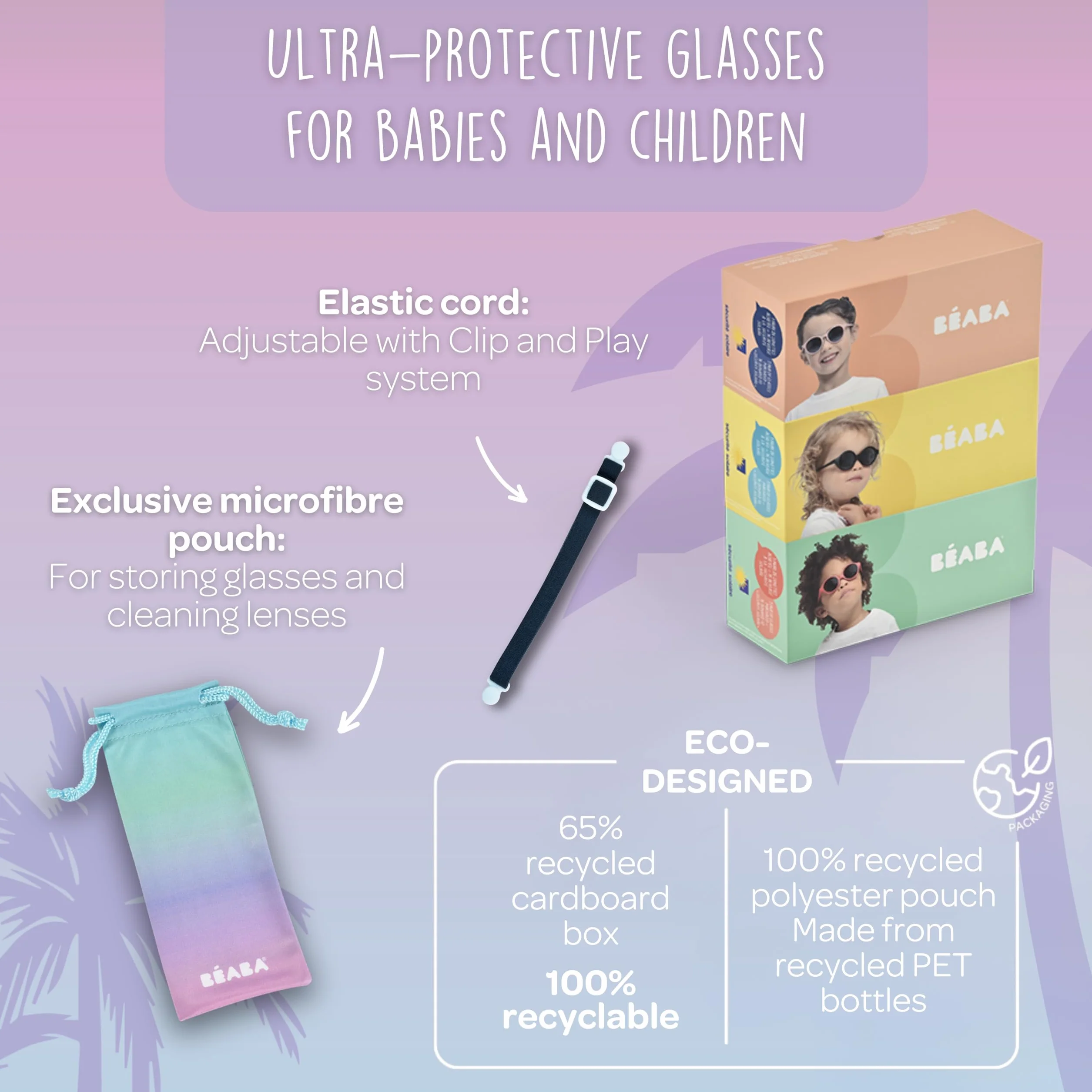 BÉABA, Dziecięce okulary przeciwsłoneczne w wieku 2-4 lata, 100% ochrona przed promieniowaniem UV - CAT 3, ochrona boku, optymalny komfort, regulowane pręty 360°, Merry, perłowy niebieski