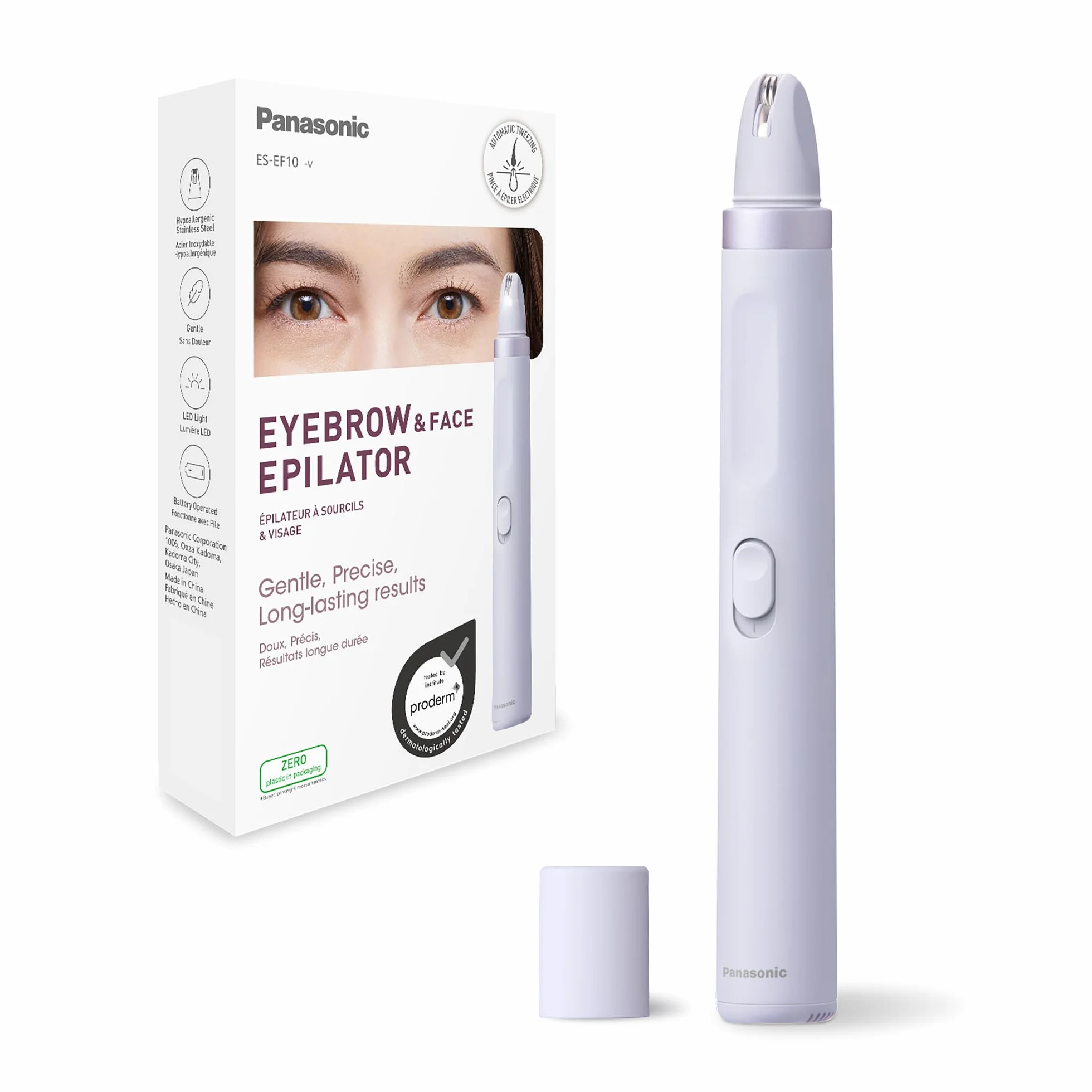 Panasonic ES-EF10-V503 Depilator do brwi i twarzy dla kobiet, trymer do brwi, z lampką LED, kompaktowa konstrukcja w formie długopisu, zasilany bateriami AA, jasny fiolet