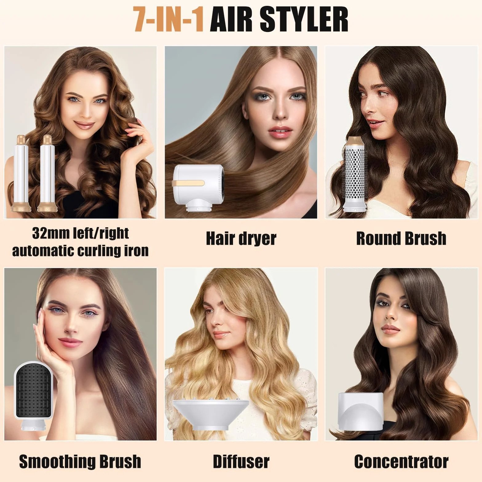 7 w 1 suszarka do włosów Airstyler, profesjonalna suszarka jonowa, wielofunkcyjny zestaw z szczotką do włosów z efektem ciepłego powietrza, lokówką, prostownicą do włosów dla wszystkich
