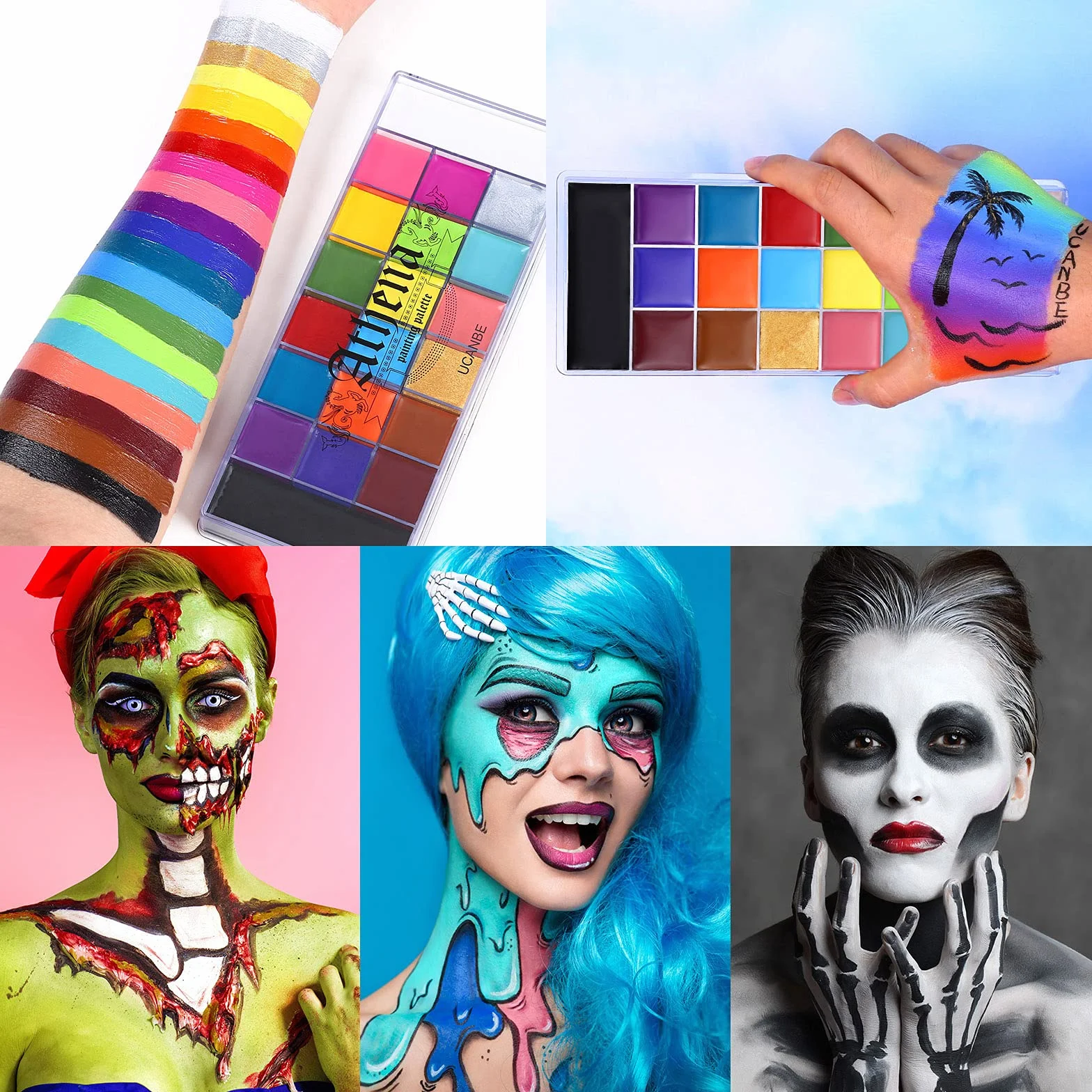 UCANBE Zestaw farb ciała 20 kolorów + proszek przeźroczysty + 10 pędzli kosmetycznych do makijażu teatralnego, karnawałowego, Halloween i Cosplay