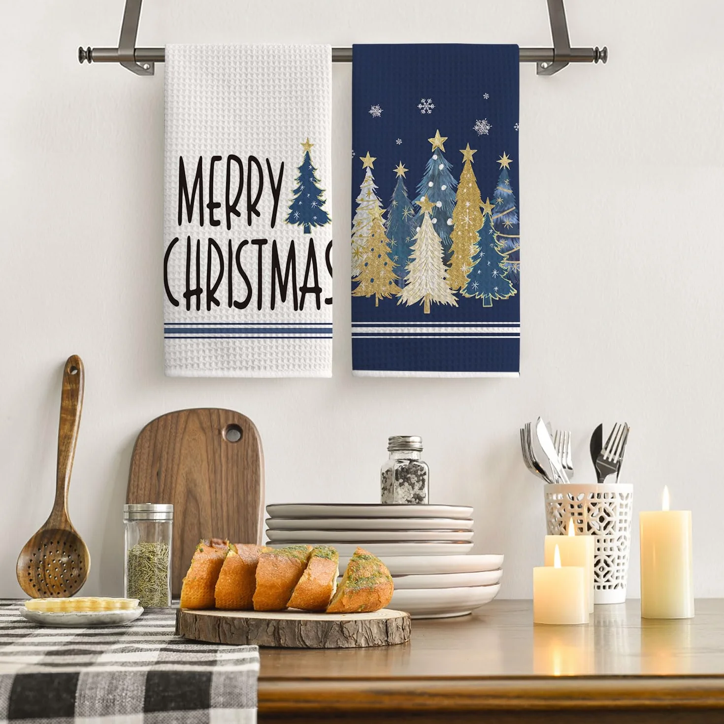 Artoid Mode Niebieskie sosny, gwiazdy, płatki śniegu, Boże Narodzenie, ręczniki kuchenne, ściereczki do naczyń, 42 x 65 cm Merry Xmas z mikrofibry, chłonne, dekoracja kuchenna, zestaw 2 szt