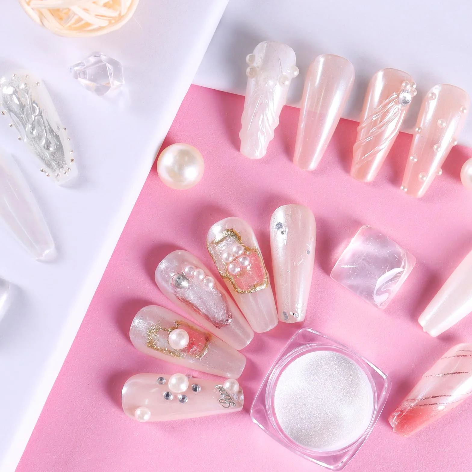 Allstarry White Pearl Chrome Nail Powder, Iridescent Aurora Powder Metallic Mirror Effect Glitter Powder Glitter Powder Pearlescent Ice Transparent Mermaid Pigment Pearl Glitter Dust for Nail Art
