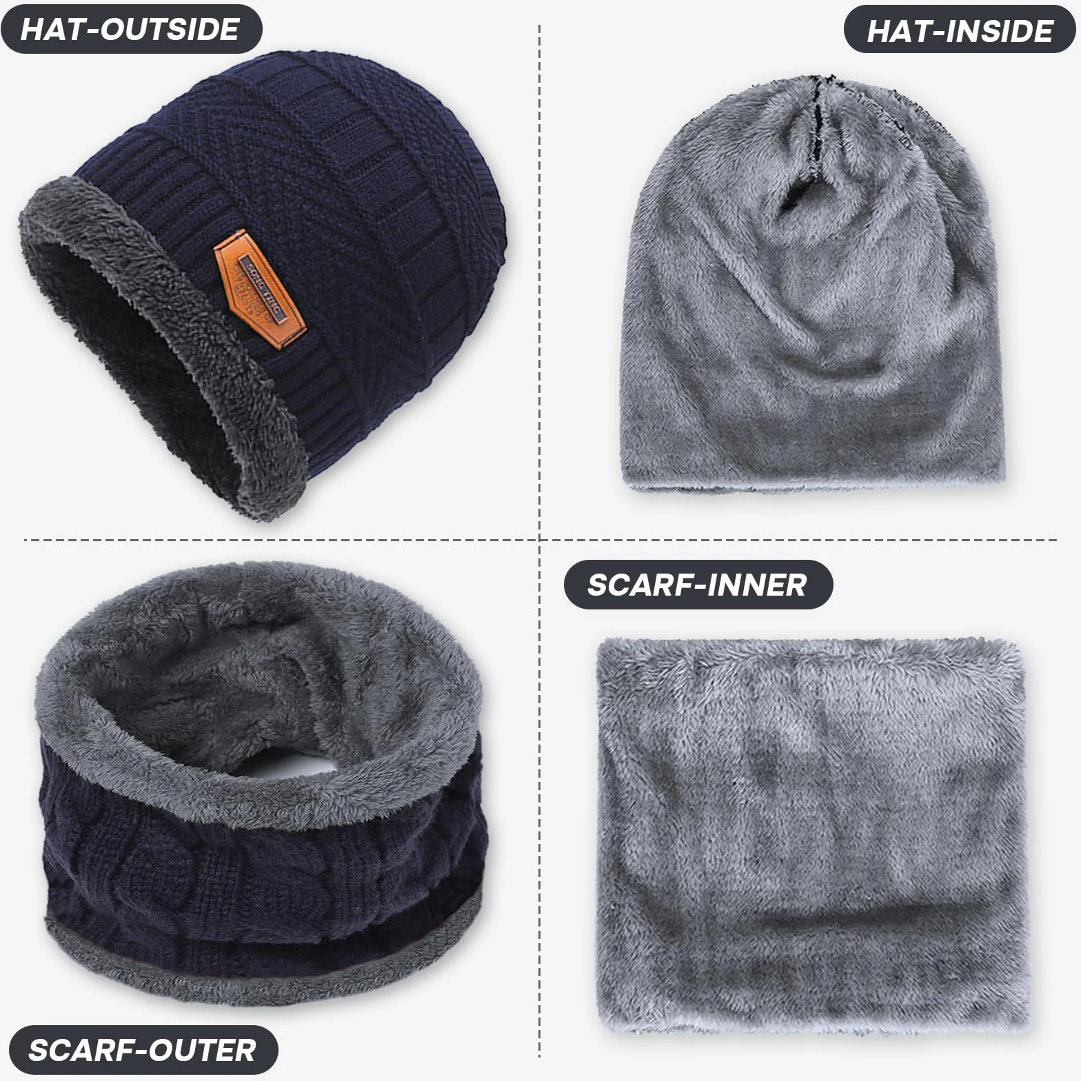 Zimowa czapka typu pętla, zestaw dla mężczyzn i kobiet, ciepła czapka beanie, komin z podszewką polarową