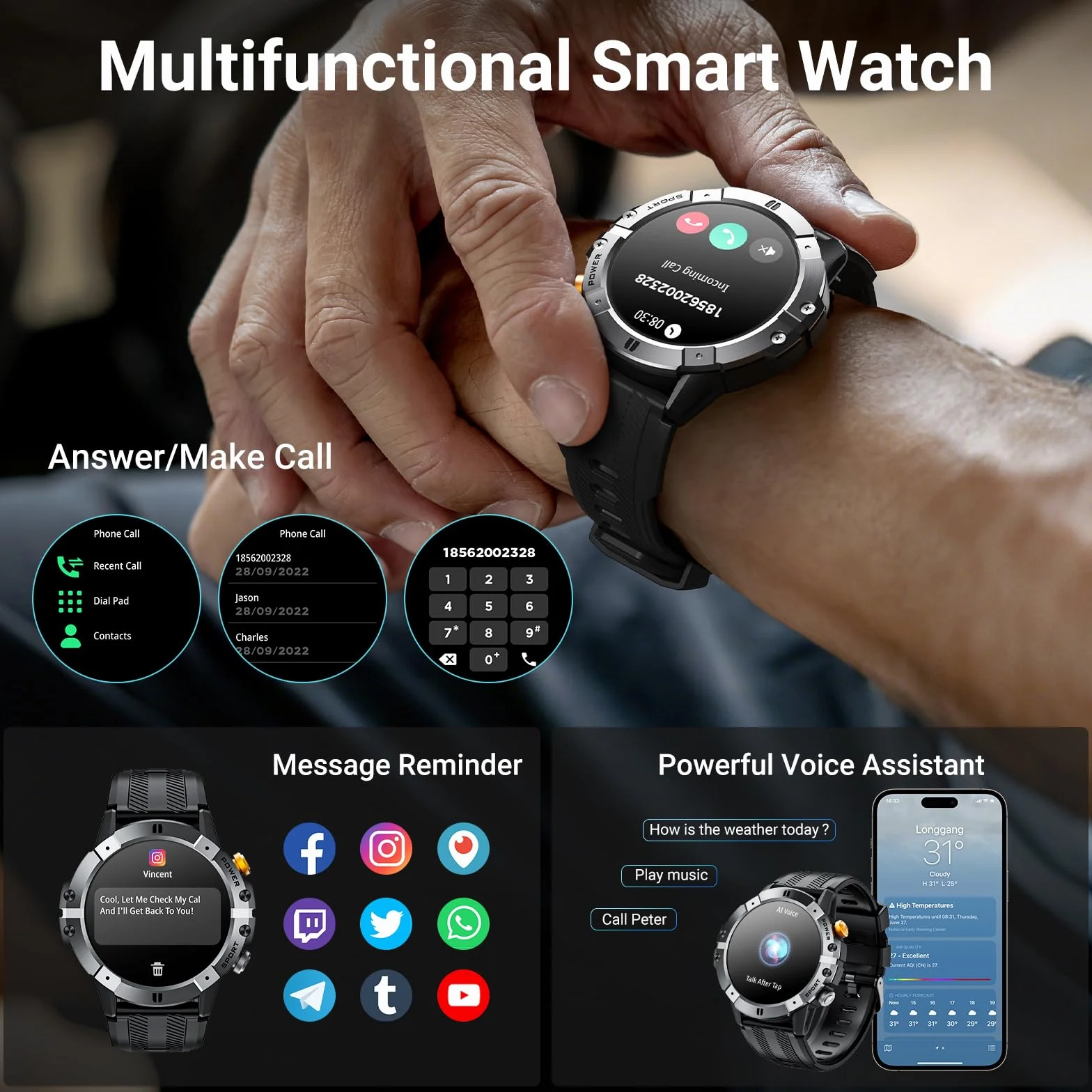 VIRAN Smartwatch męski, 1,52" Smart Watch z pomiarem ciśnienia krwi, wodoszczelność IP68, zegarek fitness ze SpO2, pulsometrem i monitorowaniem snu, zegarek fitness / zegarek sportowy z ponad 100