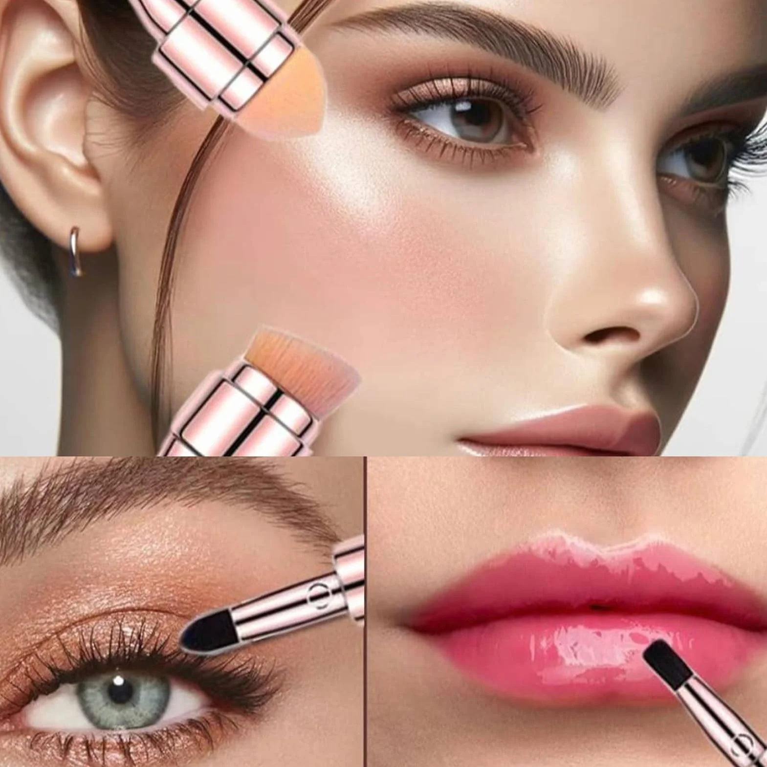 Make Up Brushes - 4 in 1 Retractable Double-Ended Applicator for Eye Lip Face | Soft Synthetic Bristles with Portable Design, Makeup Brush for Blush Powder Eyeshadow and Foundation, Man-Made Fiber