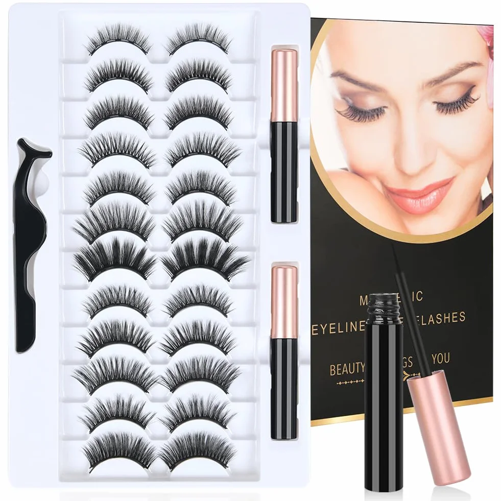 Magnetyczne sztuczne rzęsy, 12 par magnetycznych rzęs z 2 magnetycznymi eyelinerami, wielokrotnego użytku, zestaw sztucznych rzęs, naturalny i długotrwały efekt 3D