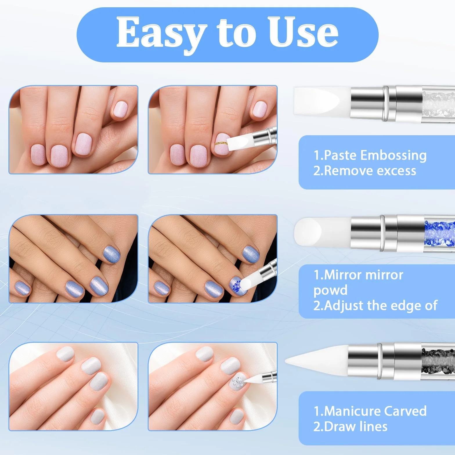 Silikonowe narzędzie do zdobienia paznokci, podwójna końcówka, silikonowa szczotka do paznokci, kryształ górski, do manicure, rzeźbienia, żelu, kształtowania, rysowania, folii, 3 szt