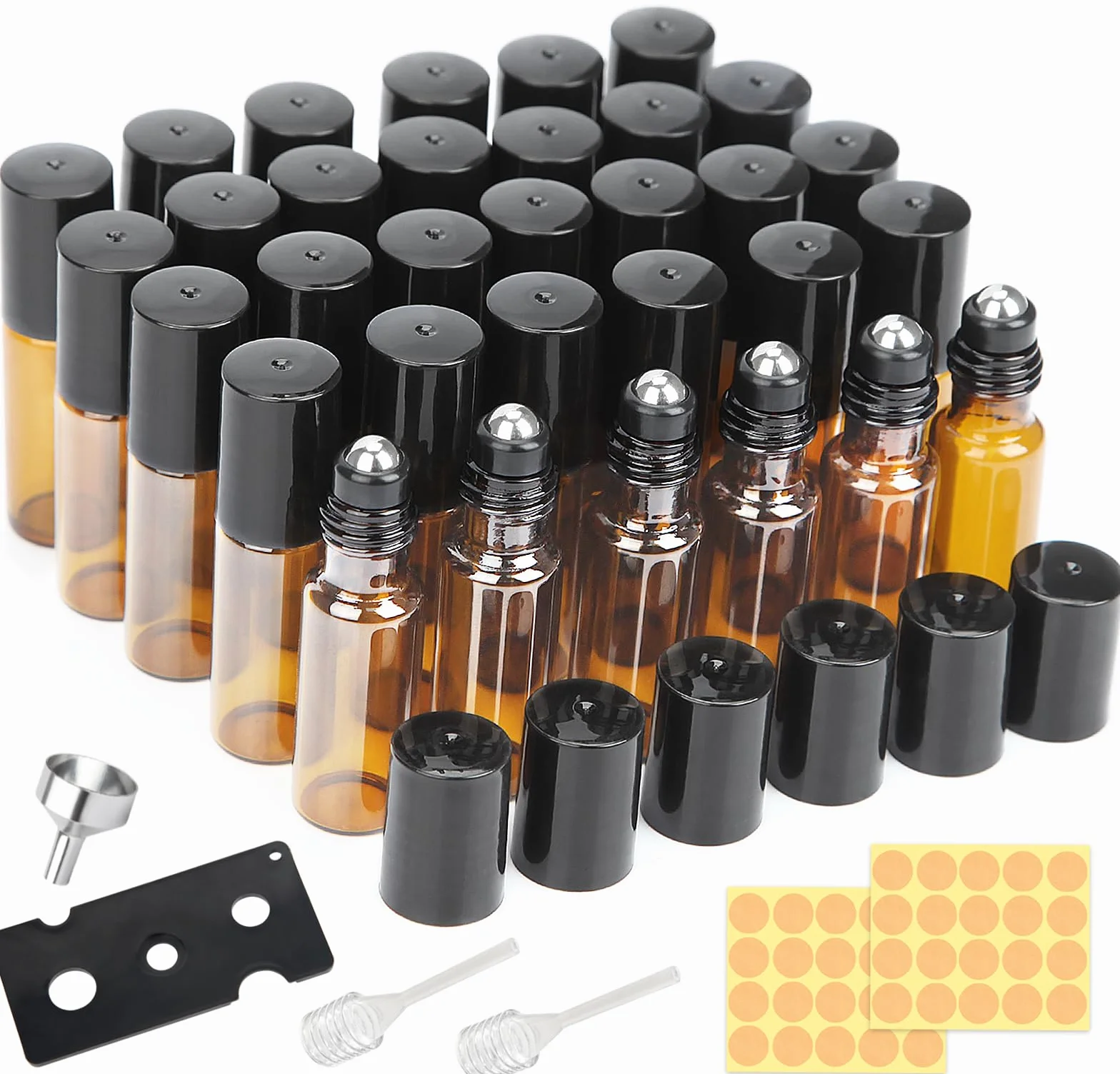 DKBT 32 puste butelki 5 ml rollon na olejki eteryczne, brązowe, na olejki eteryczne, wałek ze stali nierdzewnej, olejki eteryczne, balsamy, perfumy, masaż, 32 szt
