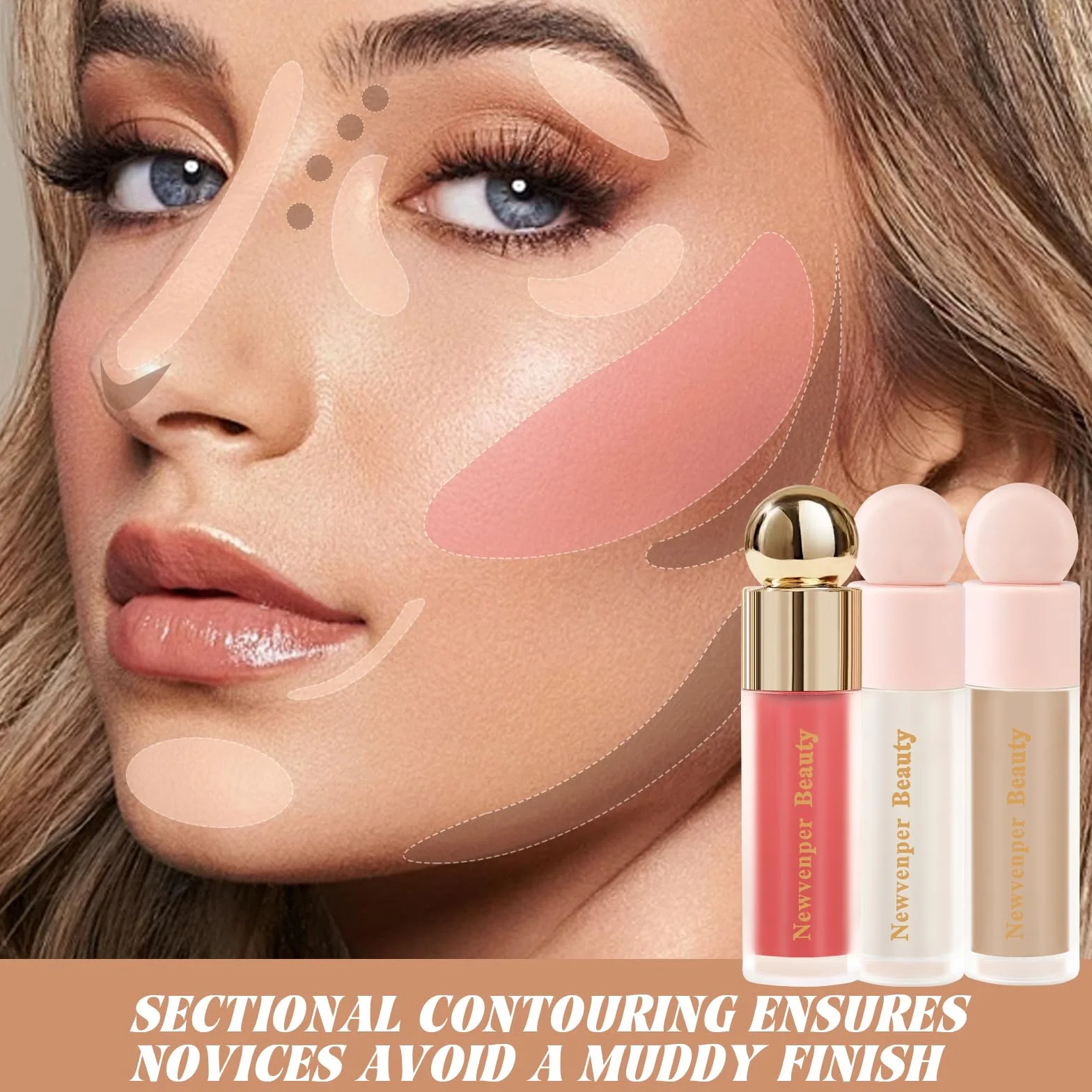Newvenper Krem, bronzer + rozświetlacz + róż, z pędzelkiem do twarzy, długotrwały i gładki, róż, rozświetlacz i bronzer do konturowania w płynie