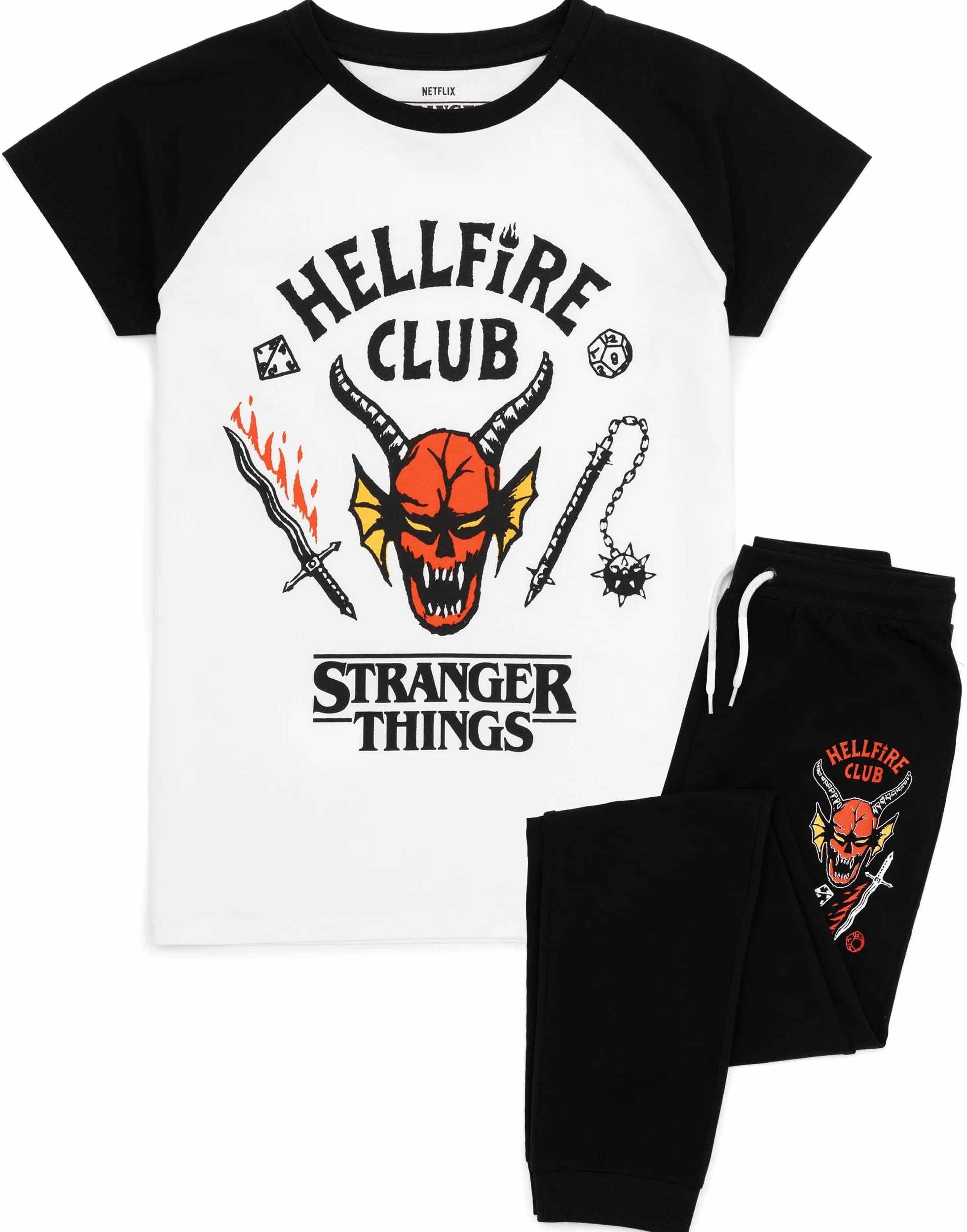 Stranger Things Piżamy dla dzieci | Unisex Hellfire Club Outfit Eddie Eleven Mike Dustin Max Members T-shirt Loungepants Co-Ord Pjs Set | Gadżety serialowe Netflix