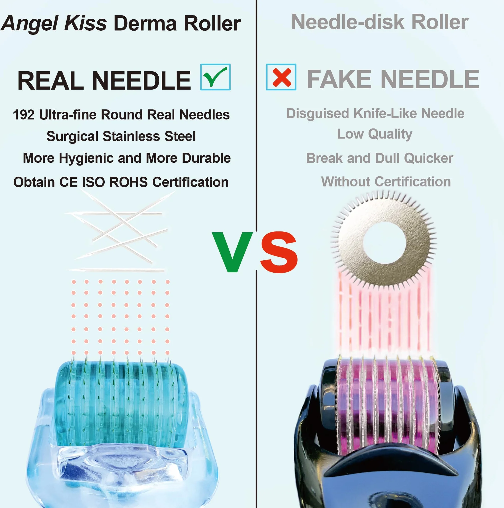 Angel Kiss Derma Roller 1,0 mm, prawdziwe igły - 192 pojedyncze igły ze stali nierdzewnej, wałek do mikroneedlingu do twarzy, ciała, brody, skóry włosowej i pielęgnacji skóry