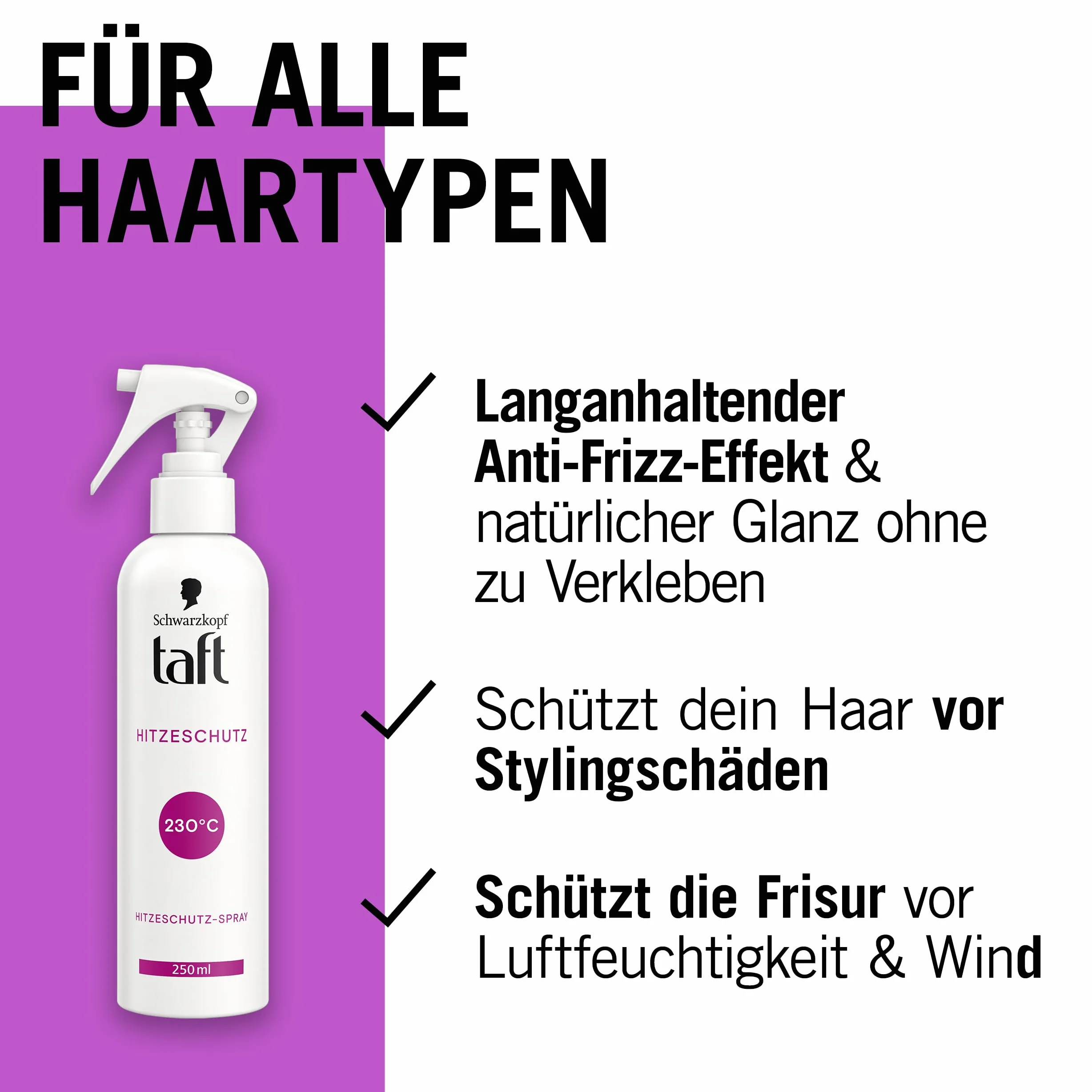 Schwarzkopf Taft spray chroniący przed wysoką temperaturą (250 ml), nadaje się do wszystkich narzędzi do stylizacji włosów, do wszystkich rodzajów włosów z efektem zapobiegającym mechaceniu się i