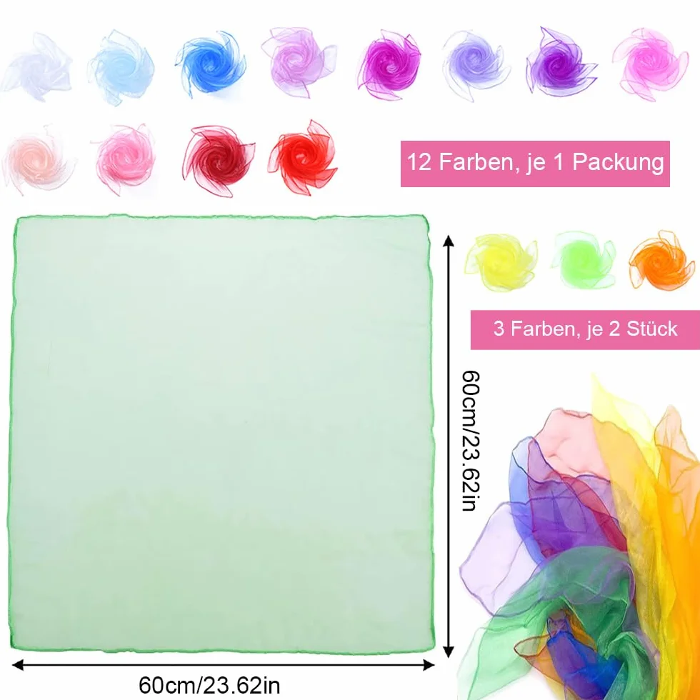 18 Sztuk Kwadratowych Ręczników do Żonglerki, 60 x 60 cm, Kolorowe Chusty Szyfonowe do Tańca, Gimnastyki, Żonglowania, Przedszkola, Imprez i Dekoracji