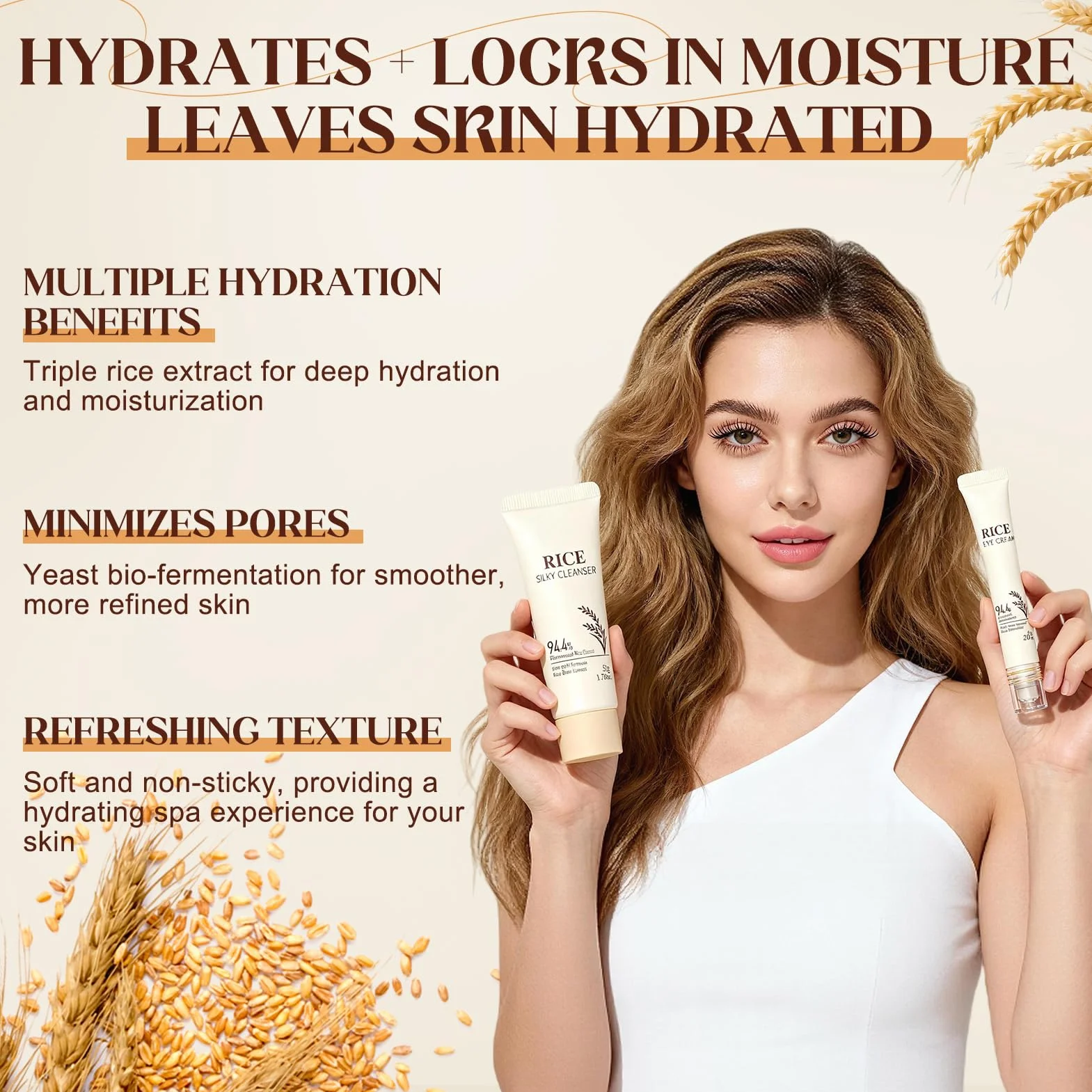 9 sztuk Rice Skincare Kit, Koreański zestaw do pielęgnacji skóry, Rice Pielęgnacja twarzy dla kobiet z środkiem do mycia twarzy, koreańskie maski, toner ryżu, kremy do twarzy dla kobiet, kontur oczu