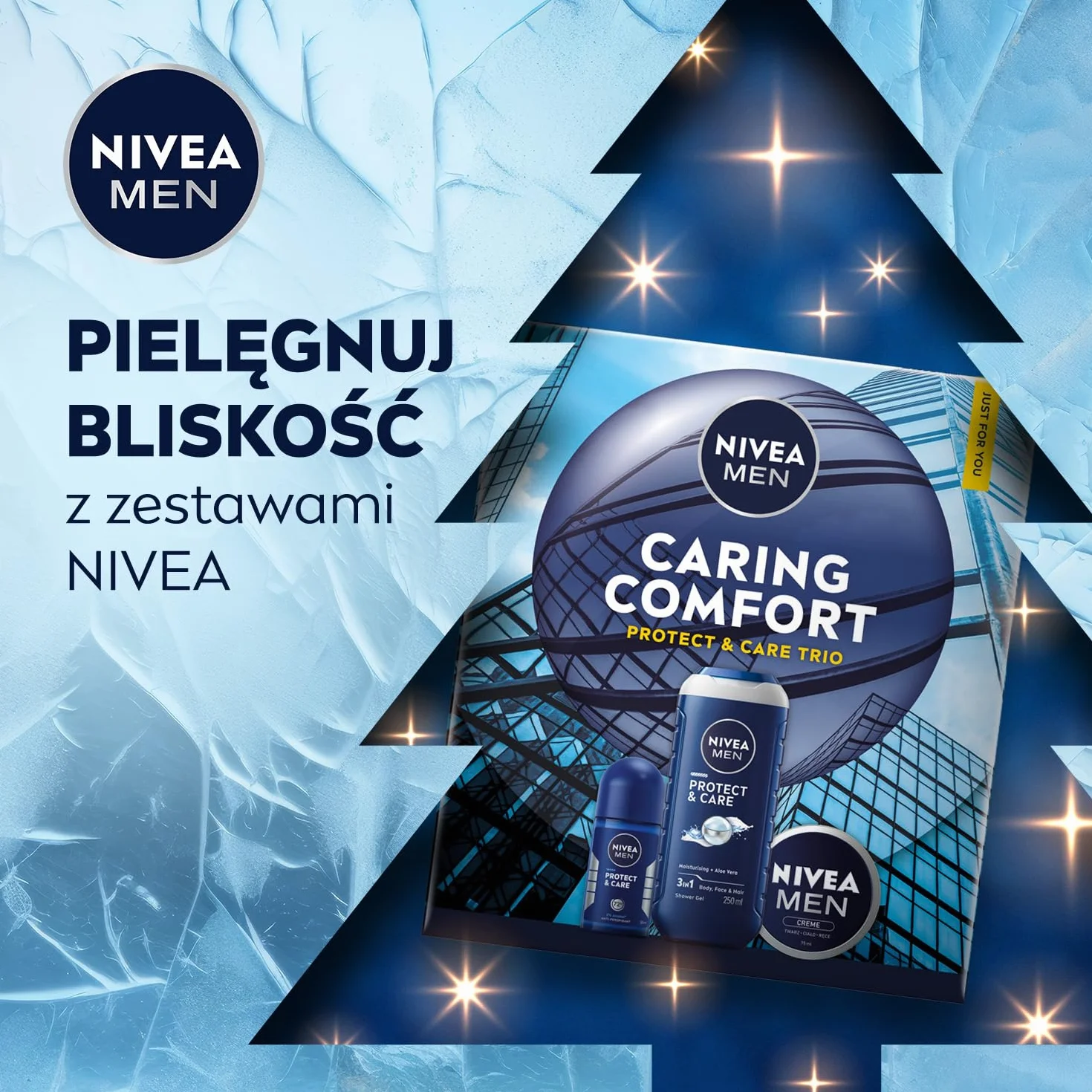 NIVEA MEN Caring Comfort Świąteczny prezent - Zestaw kosmetyków dla mężczyzn do twarzy i ciała: anyperspirant roll on, żel pod prysznic i krem nawilżający Creme