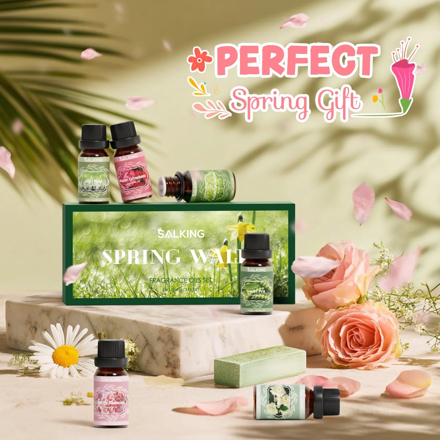 SALKING Zestaw olejków eterycznych wiosennych, 6 x 10 ml, 100% aromaterapii, nawilżacza powietrza, masażu, po deszczu, świeżo skoszonej trawy, szalergu, geranium