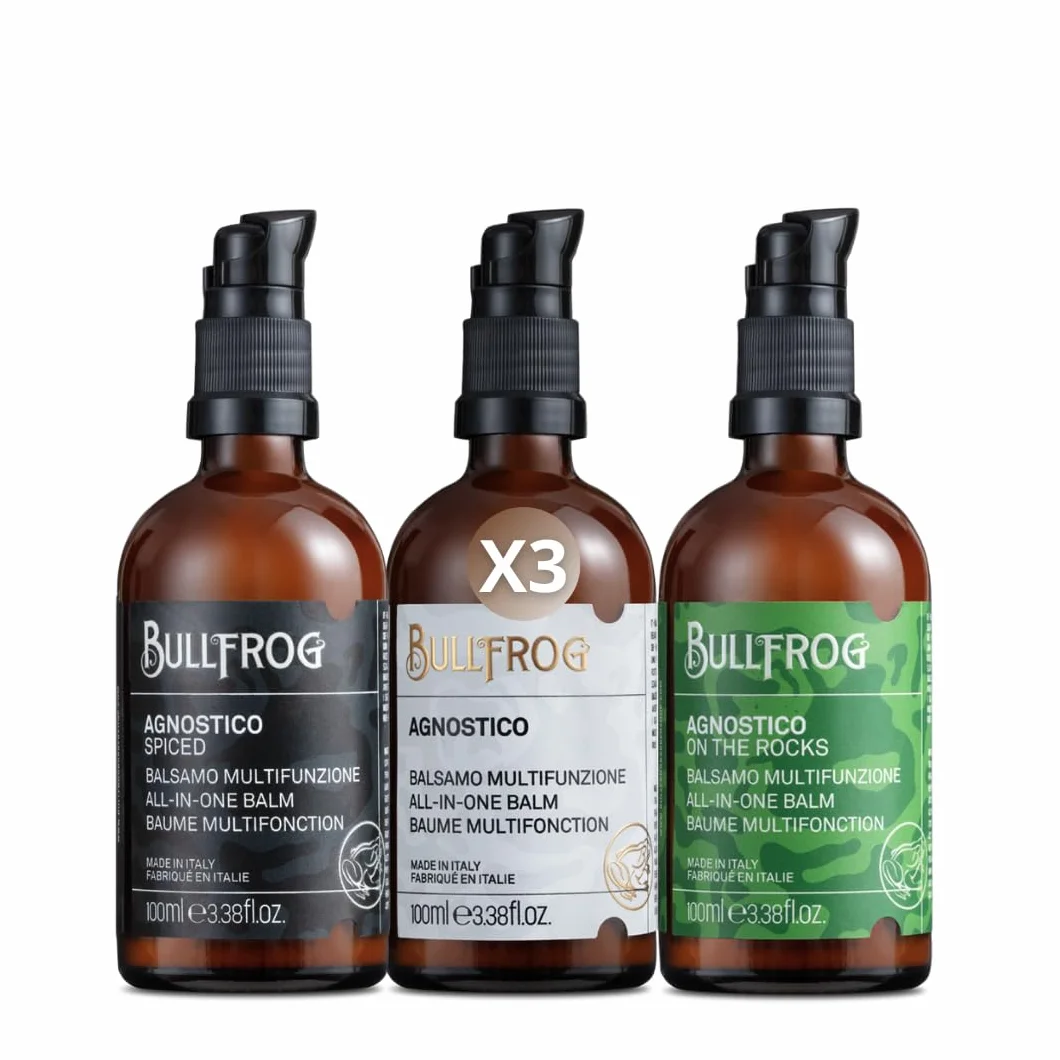 Bullfrog – Agnostico Legends zestaw balsamów: Oryginalny, Spiced i On The Rocks. Niekonwencjonalne i żywe zapachy, zmiękcza brodę i włosy, nawilża i uspokaja, 3 x 100 ml