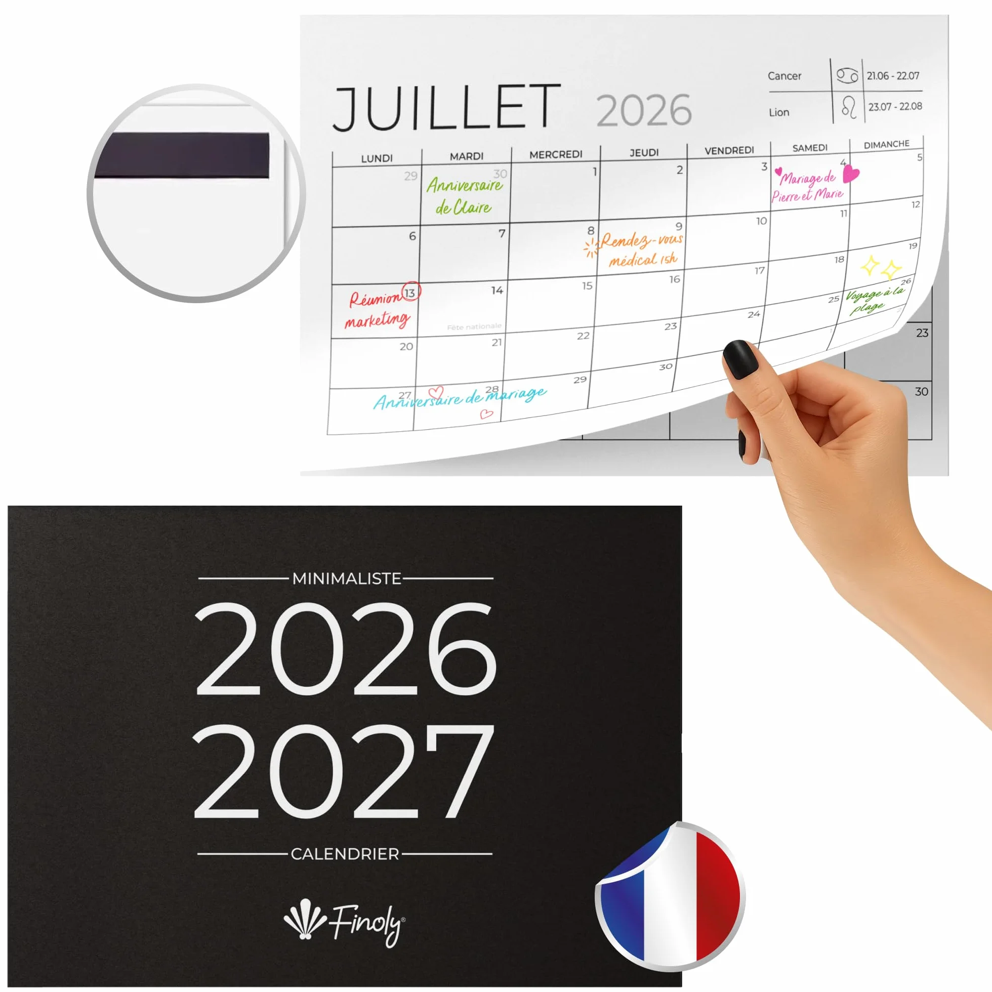 Finoly Magnetyczny Kalendarz na Lodówkę Styczeń 2026 Czerwiec 2027 w Języku Francuskim (18 Miesięcy) | Magnetyczny Kalendarz 2026 A4 | Kalendarz 2026 na Lodówkę 30x21 cm Idealny do Domu i Biura