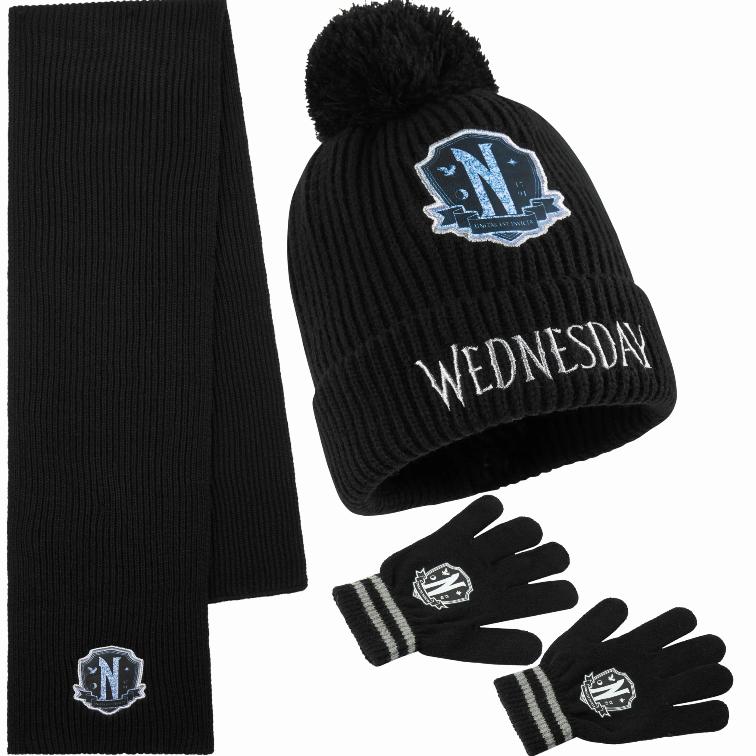 Wednesday Zestaw akcesoriów zimowych z zimową czapką beanie dla dziewczynek i nastolatków 6-14 lat, 3-częściowy ciepły szal i rękawiczki z dzianin, gotyckie prezenty dla dziewczynek