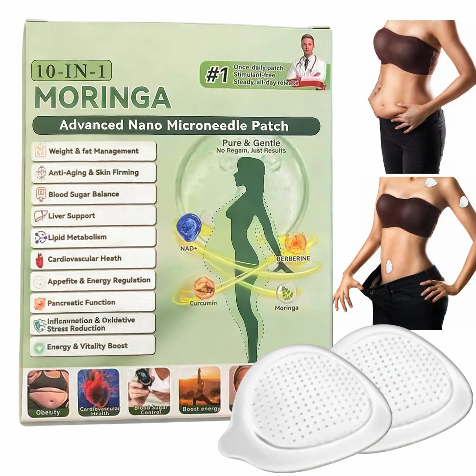 Moringa NAD+ 10 w 1 nano-igłowe plastry z mikroigłami, 7 sztuk plastrów Moringa, Metabalance Patch, nano-igłowe, plastry odchudzające, do wszystkich typów ciała