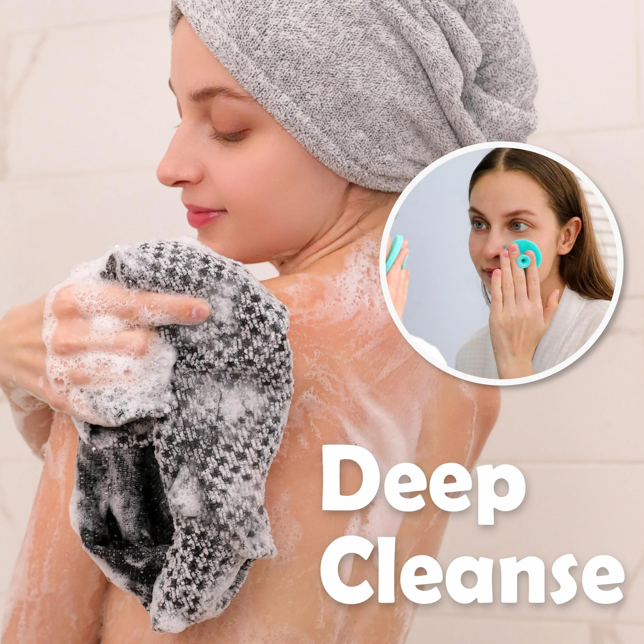 myHomeBody Bardzo długa złuszczająca myjka, peeling do ciała, ręcznik pod prysznic, długa ściereczka do kąpieli, tekstura 3D, obsydian i rodzynki, zestaw 2 szt., z silikonową szczotką do twarzy