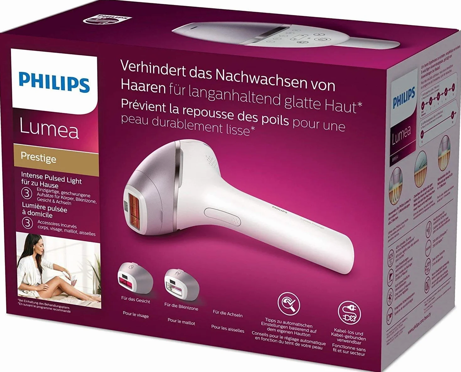 Philips Lumea Prestige IPL bezprzewodowe urządzenie do usuwania włosów z 3 nasadkami do ciała, twarzy i obszarów precyzyjnych (bikini i pachy) – BRI954/00