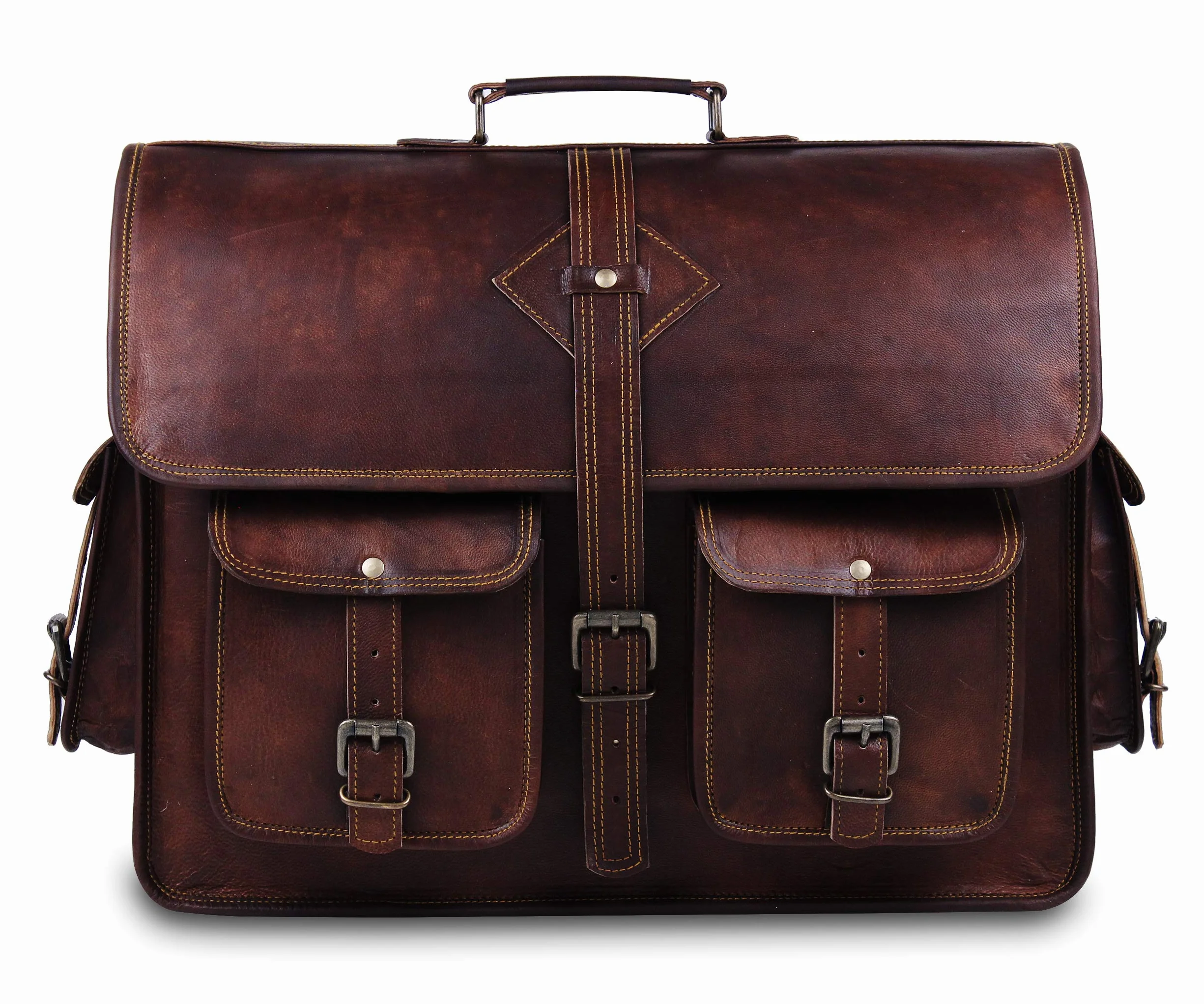 Vintage Leather Laptop Bag for Men Full Grain Large Leather Messenger bag for men 18 inches with rustic look Brown briefcase (Brown)