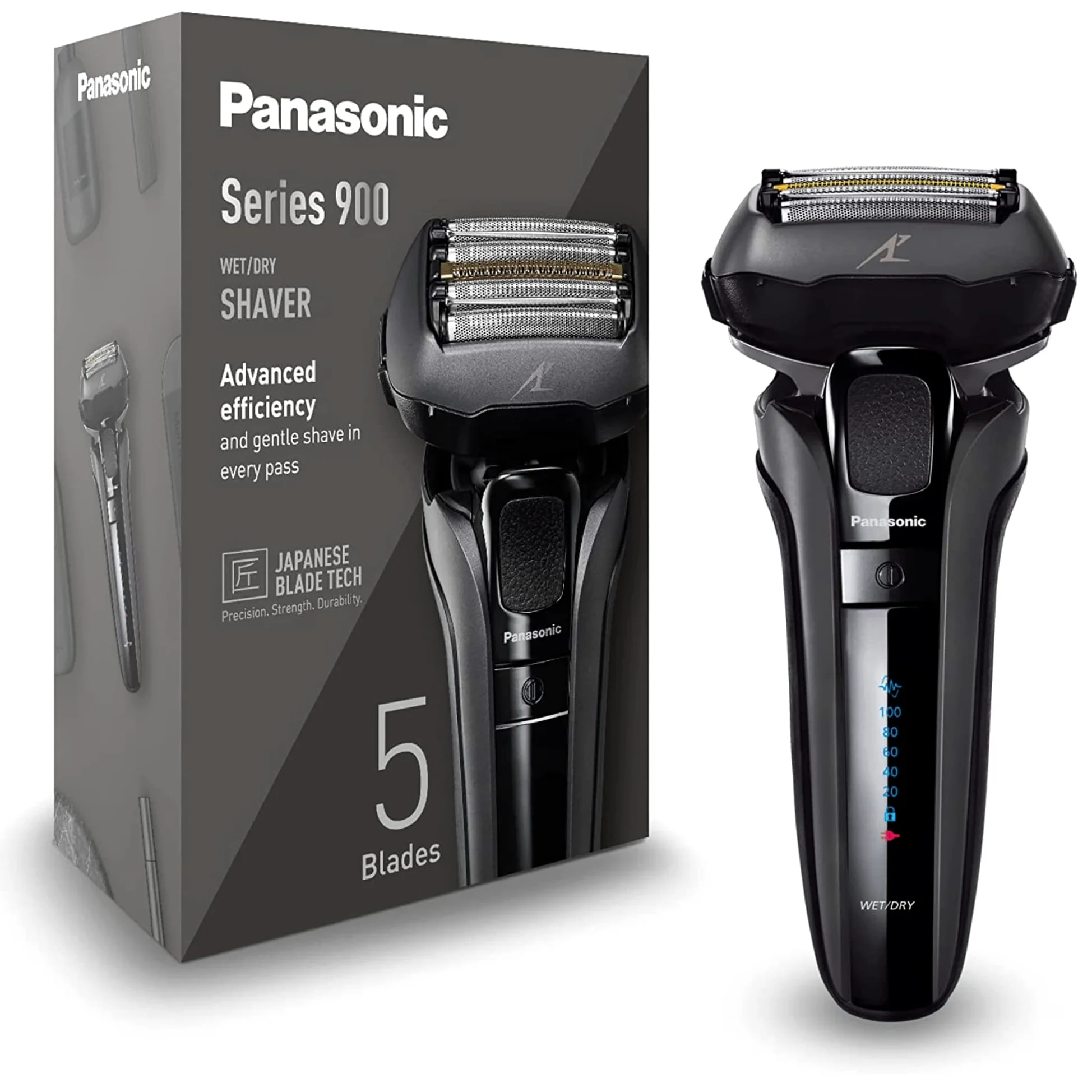Panasonic ES-LV6U golarka elektryczna z 5 ostrzami, elastyczna głowica 20D, czujnik golenia, szybkie ładowanie, wysuwany trymer, etui, czarna