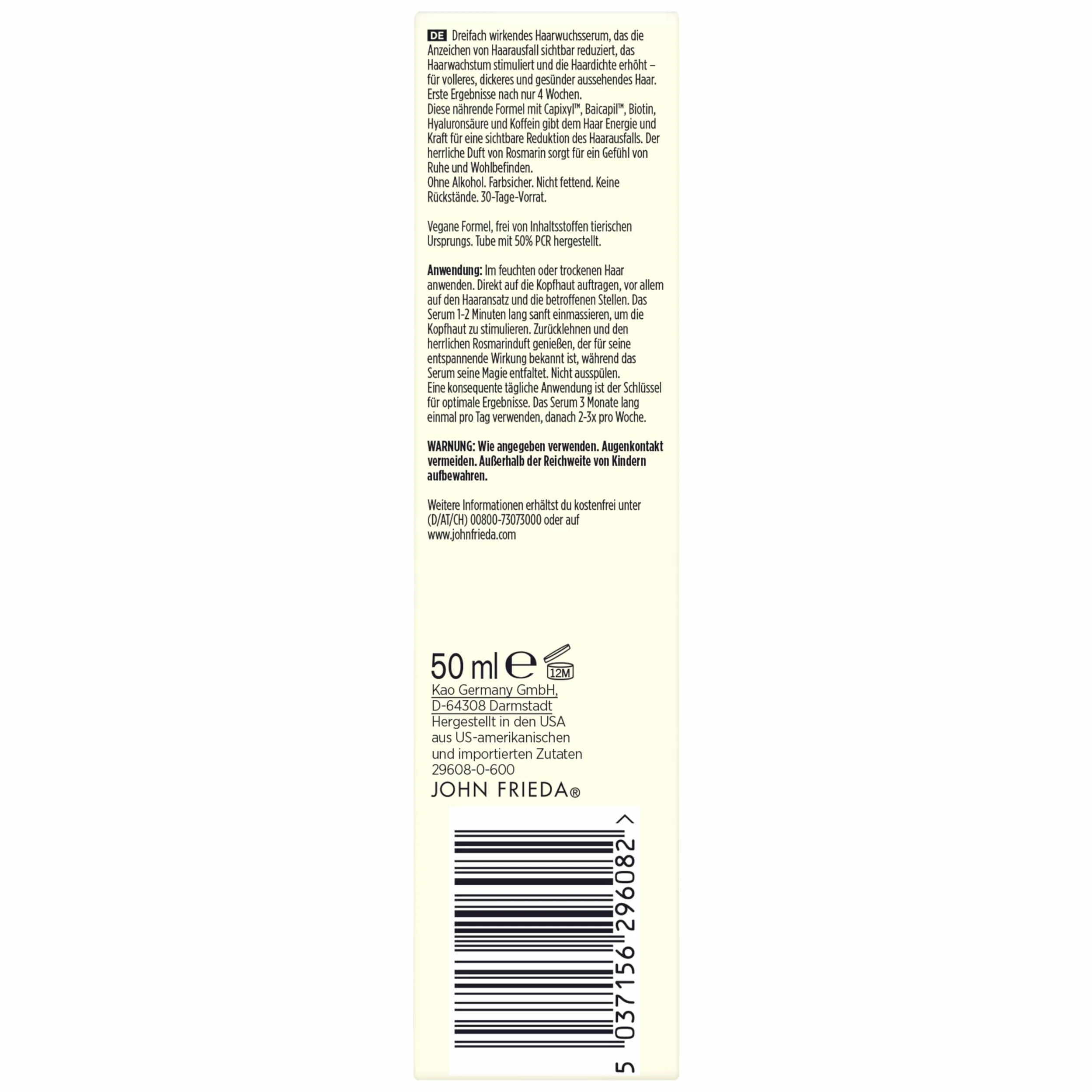 John Frieda PROfiller+ serum – porost włosów w przypadku dziedzicznego wypadania włosów – zawartość: 50 ml – do włosów cienkich – bez alkoholu – bezpieczne dla koloru – nienatłuszczające