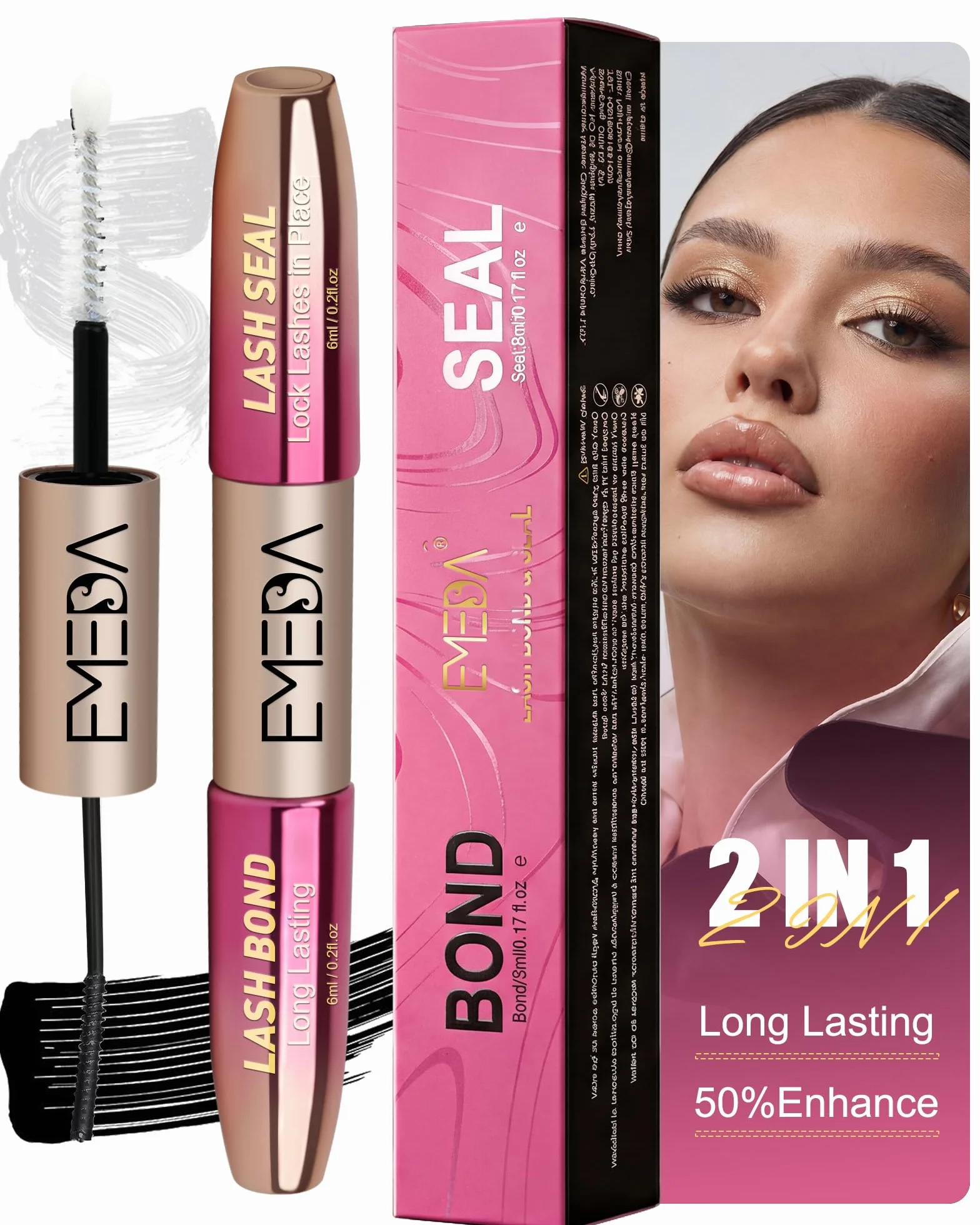 EMEDA Klej do rzęs 2 w 1 Lash Bond and Seal for Cluster Lashes, 48H wodoodporny i odporny na pot, długotrwały klej – Bez lateksu, łatwy w użyciu (6ml,Black+Clear)