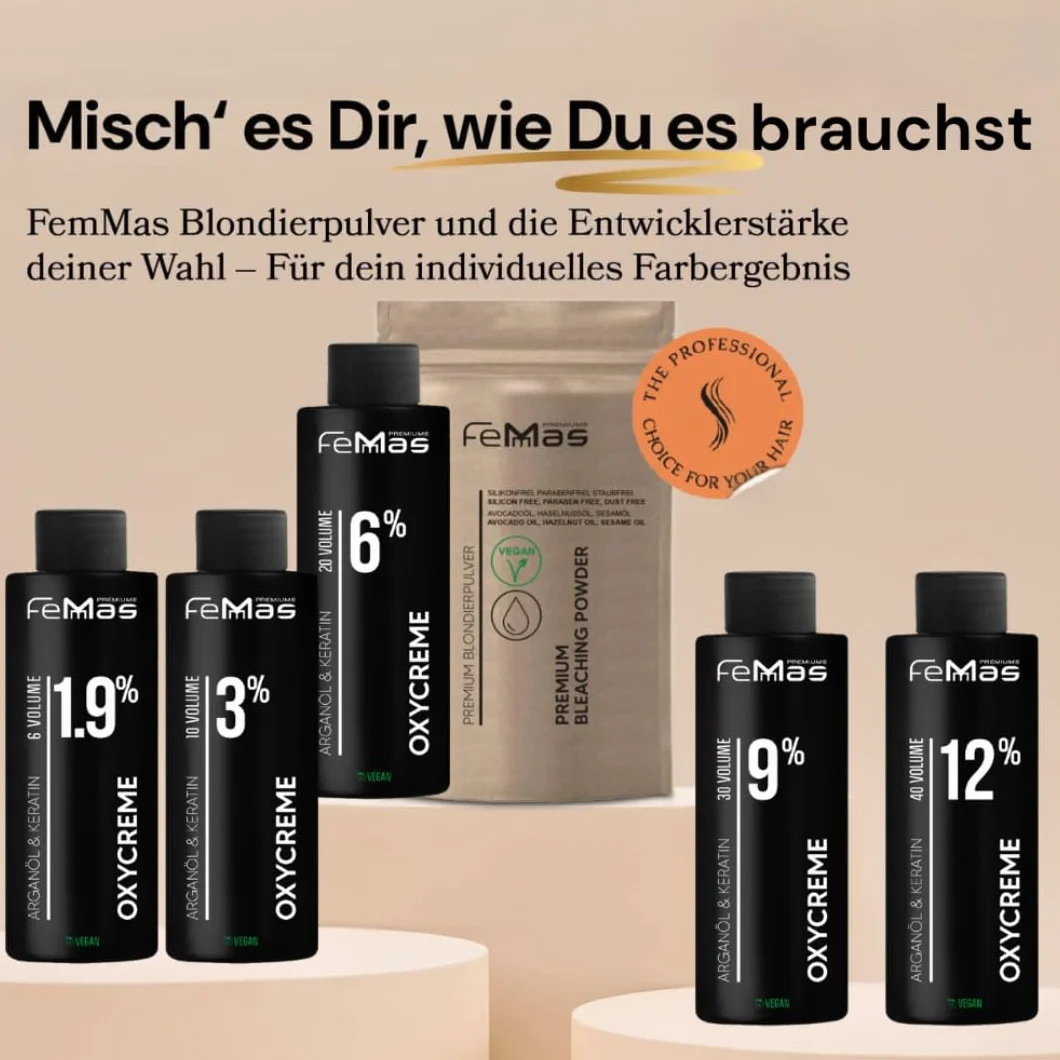 FemMas Zestaw do rozjaśniania proszek 100 g krem utleniający 100 ml do włosów blond 9 poziomów tonowania