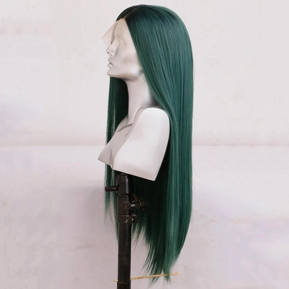 Zielone długie proste peruki dla kobiet środkowe naturalne włókna syntetyczne peruki na imprezę cosplay pełna peruka (61 cm)