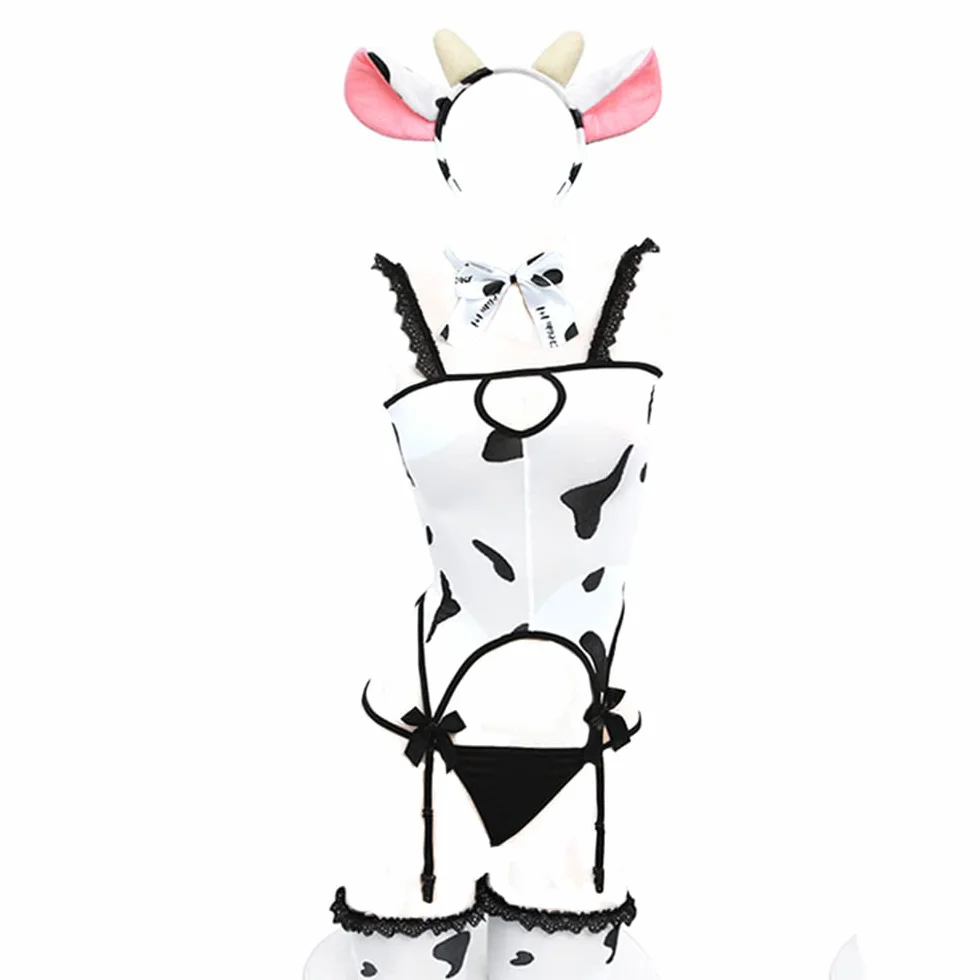 JasmyGirls Damska seksowna pokojówka cosplay bielizna futrzana mleczna krowa kostium kawaii anime zestaw bikini mini panterka biustonosz i majtki strój (biały 3)