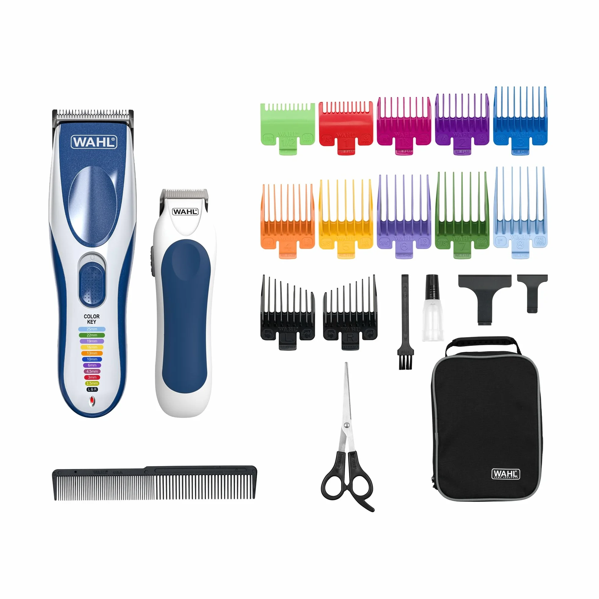 WAHL Color Pro Cordless maszynka do strzyżenia włosów, idealna dla początkujących, z kablem, samoostrzące, wodoodporne ostrze, z akcesoriami, 8 grzebieni oznaczonych kolorami, w zestawie trymer do
