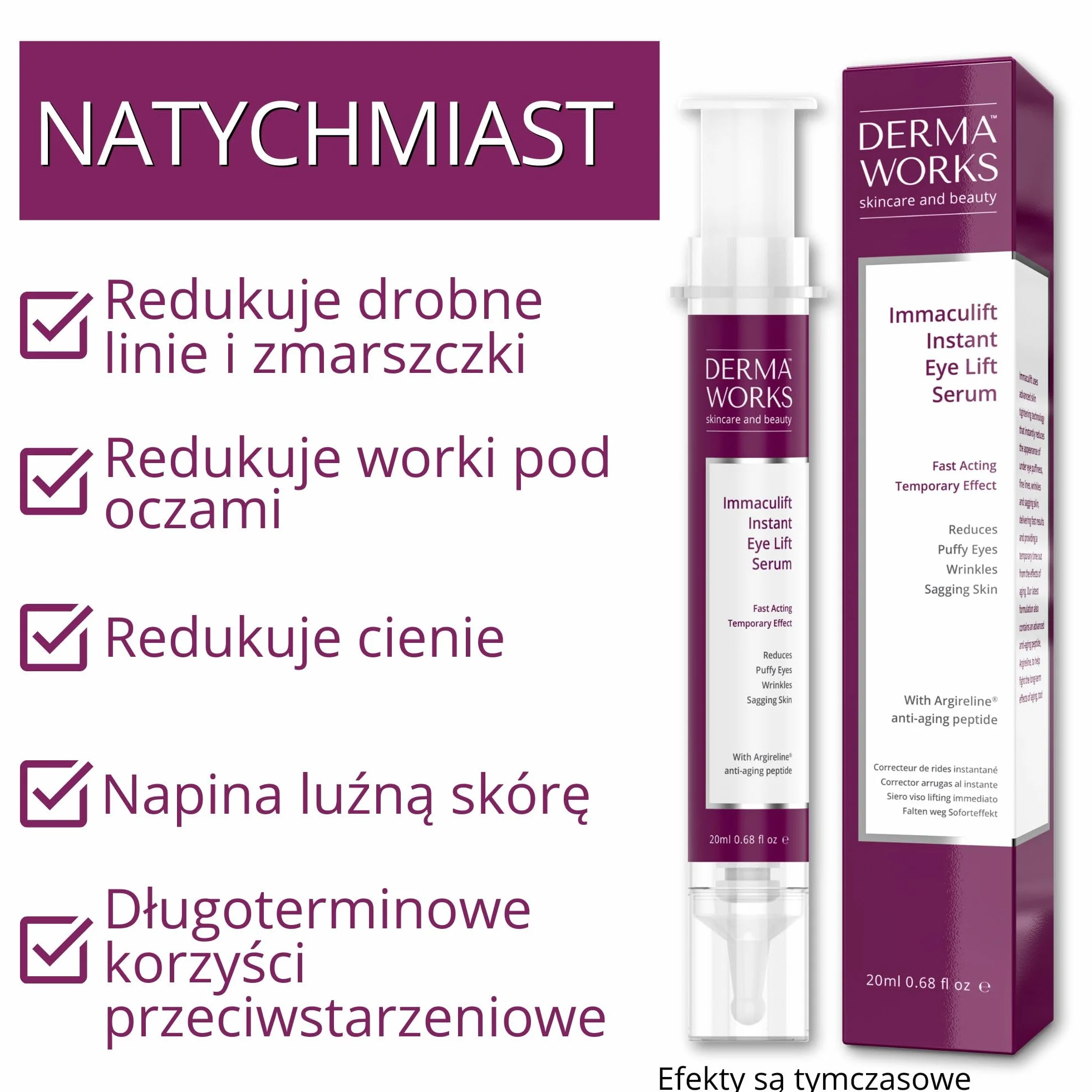 DERMAWORKS Immaculift Face Lifting Serum – Serum do Twarzy o Natychmiastowym Efekcie Liftingu, Przeciwzmarszczkowa Pielęgnacja pod Oczy dla Kobiet – Nowa i Ulepszona Formuła, 20 ml