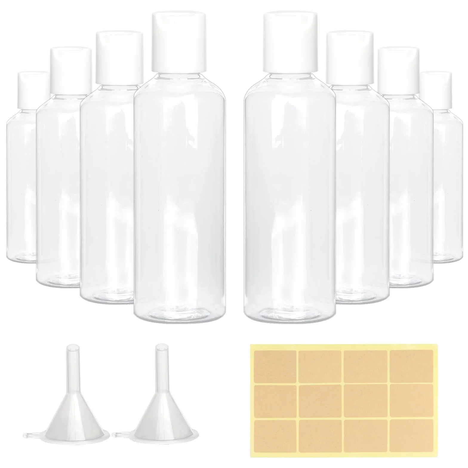 8 sztuk plastikowych butelek podróżnych, 100 ml, puste pojemniki podróżne, wielokrotnego użytku, małe butelki z szamponem, przezroczyste butelki kosmetyczne z zamknięciem Disc, 2 lejki i 12 etykiet,