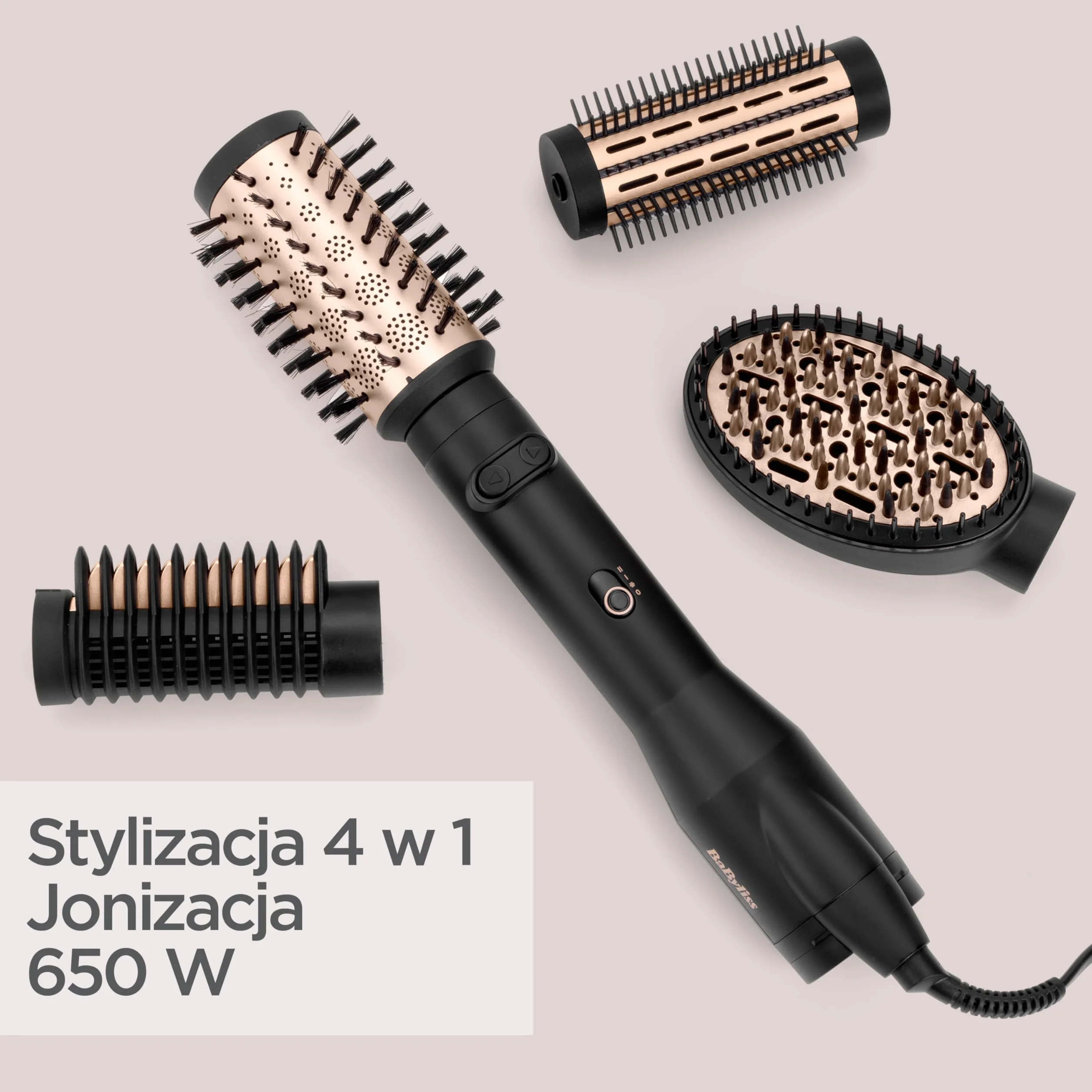 BaByliss Big Hair Luxe Obrotowa szczotka z ciepłym powietrzem, multistyler z 4 końcówkami do wygładzania, szczotkowania, objętości i kształtu, luksusowa szczotka do suszarki do włosów zapewniająca